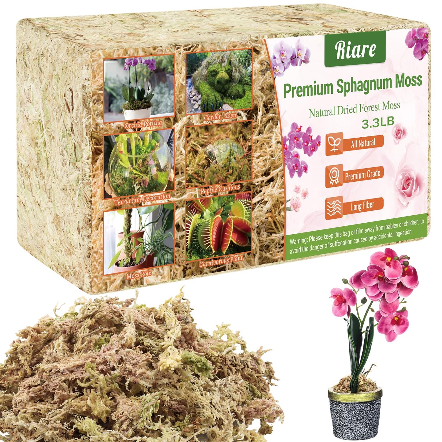 Riare 2.2 LB Premium Sphagnum Moss for Plants- 40QT Natural Long Fibered Sphagnum Peat Moss Plants Moss Dried, Carnivorous Plants Moss Orchid Potting Mix for Orchids, Carnivorous Plants, Succulent