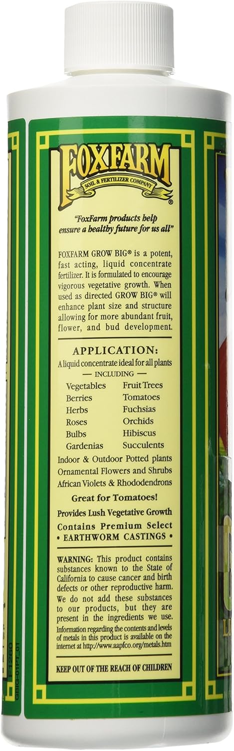 FoxFarm Grow Big Liquid Plant Food - Bloom Fertilizer for Flowers, Fruits, and Vegetables, Perfect for Indoor & Outdoor Potted Plants, NPK 6-4-4 (Pint)