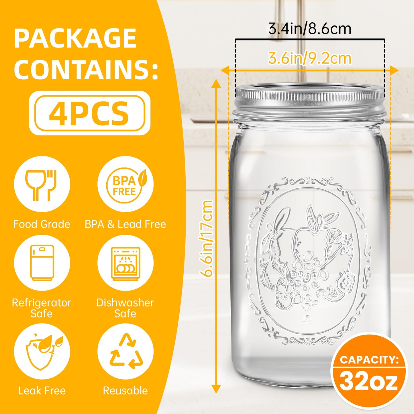 Wide Mouth Mason Jars 16 oz with Lids [6 Pack], Canning Jars with Metal Airtight Lids and Bands, 16 oz Glass Jars for Fermenting, Pickling, Freezing, Preserving, Meal Prep, Jar Décor