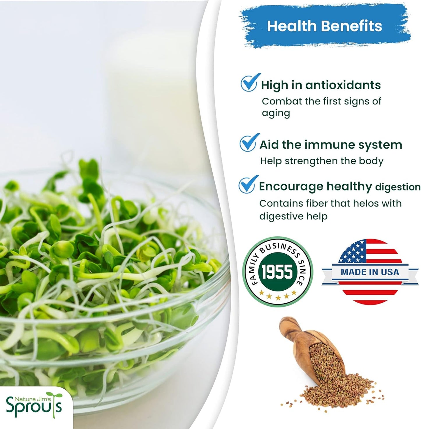 Nature Jims Sprouts Alfalfa Seeds – Non-GMO Organic Sprout Growing Kit for Planting – Premium Resealable Bag for Fresh Homegrown Sprouting Seeds – Rich in Nutrients, Vitamins, Fiber & Minerals – 16oz