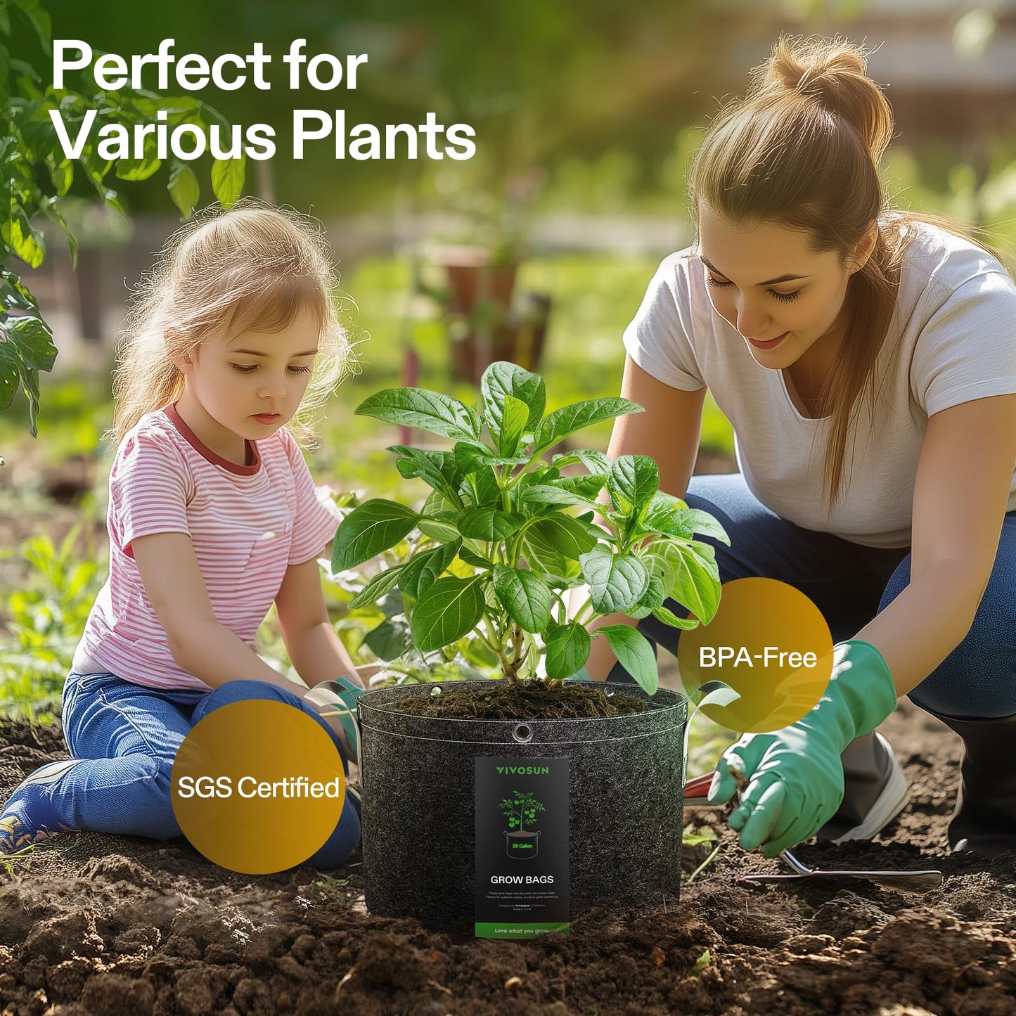 VIVOSUN 5-Pack 15 Gallon Grow Bags, 500G Thick Nonwoven Fabric Pots with Strap Handles, Multi-Purpose Rings, for Low Stress Plant Training Fruits, Vegetables, and Flowers