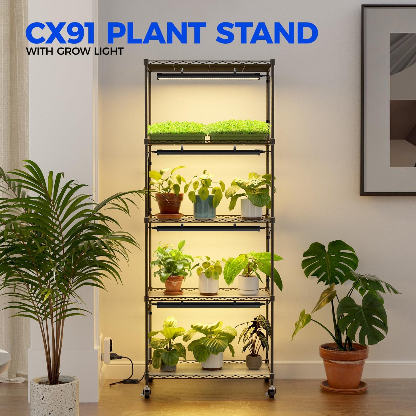 Barrina CX6 Plant Stand with Grow Lights, 3FT T8 30W(Per Light) Full Spectrum Yellow LED Plant Lights, Indoor Plant Shelf for Multiple Plants with On/Off Timer Socket, 6-Tier 35.4"x13.8"x70.9"