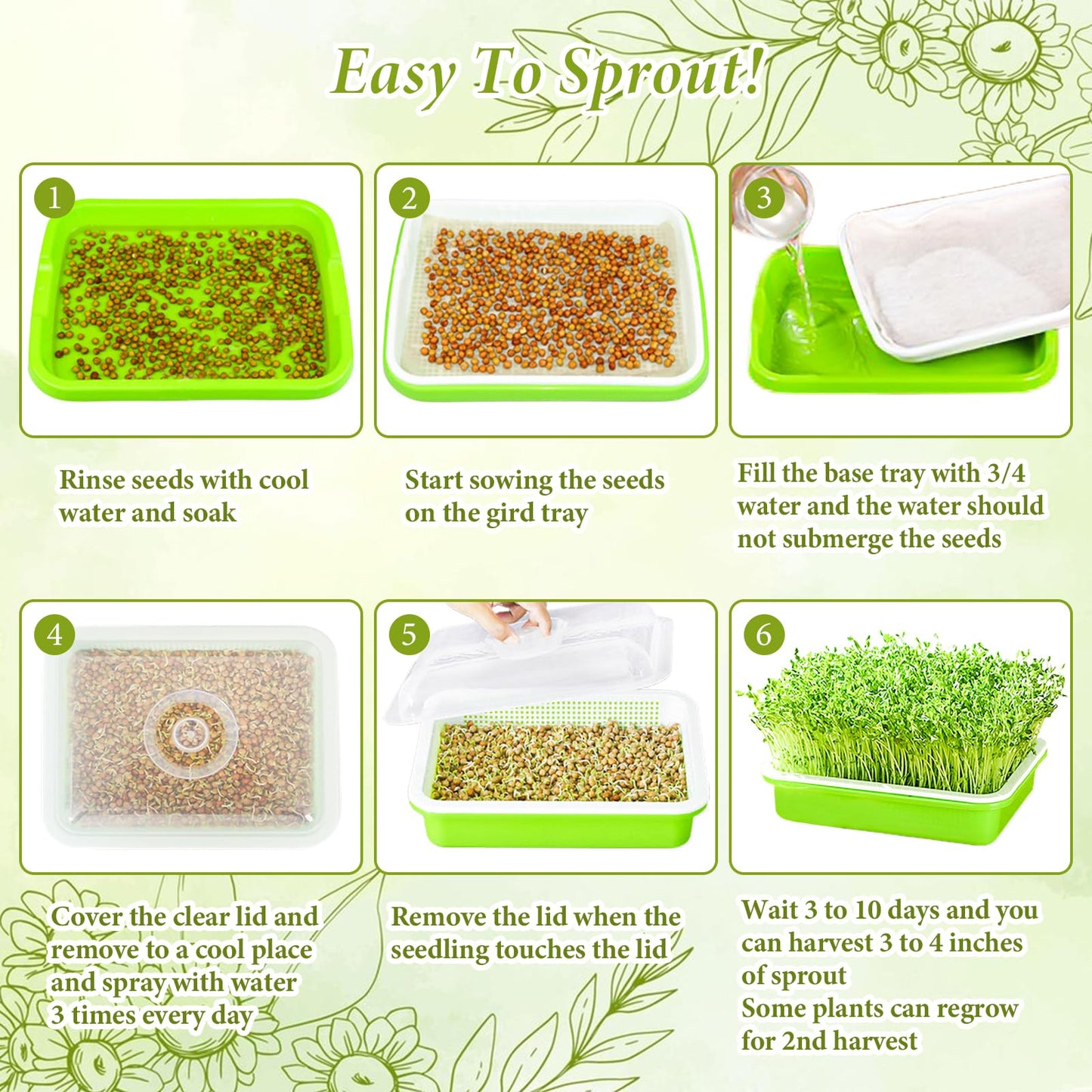 Legigo 10 Pack Green Seed Sprouter Trays- Soil-Free Cultivation Germination Tray, BPA Free Nursery Tray with Planting Paper for Indoors or Outdoors Sprouting Seeds, Grow Grass, Beans (Without Lids)