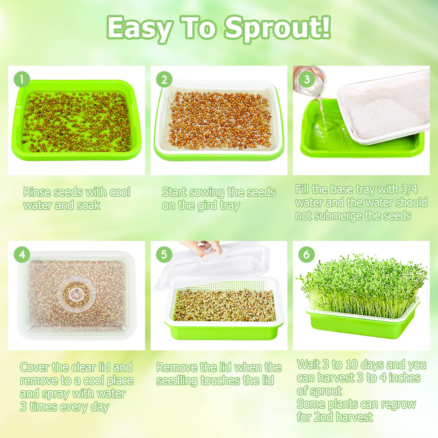 Legigo 10 Pack Green Seed Sprouter Trays- Soil-Free Cultivation Germination Tray, BPA Free Nursery Tray with Planting Paper for Indoors or Outdoors Sprouting Seeds, Grow Grass, Beans (Without Lids)