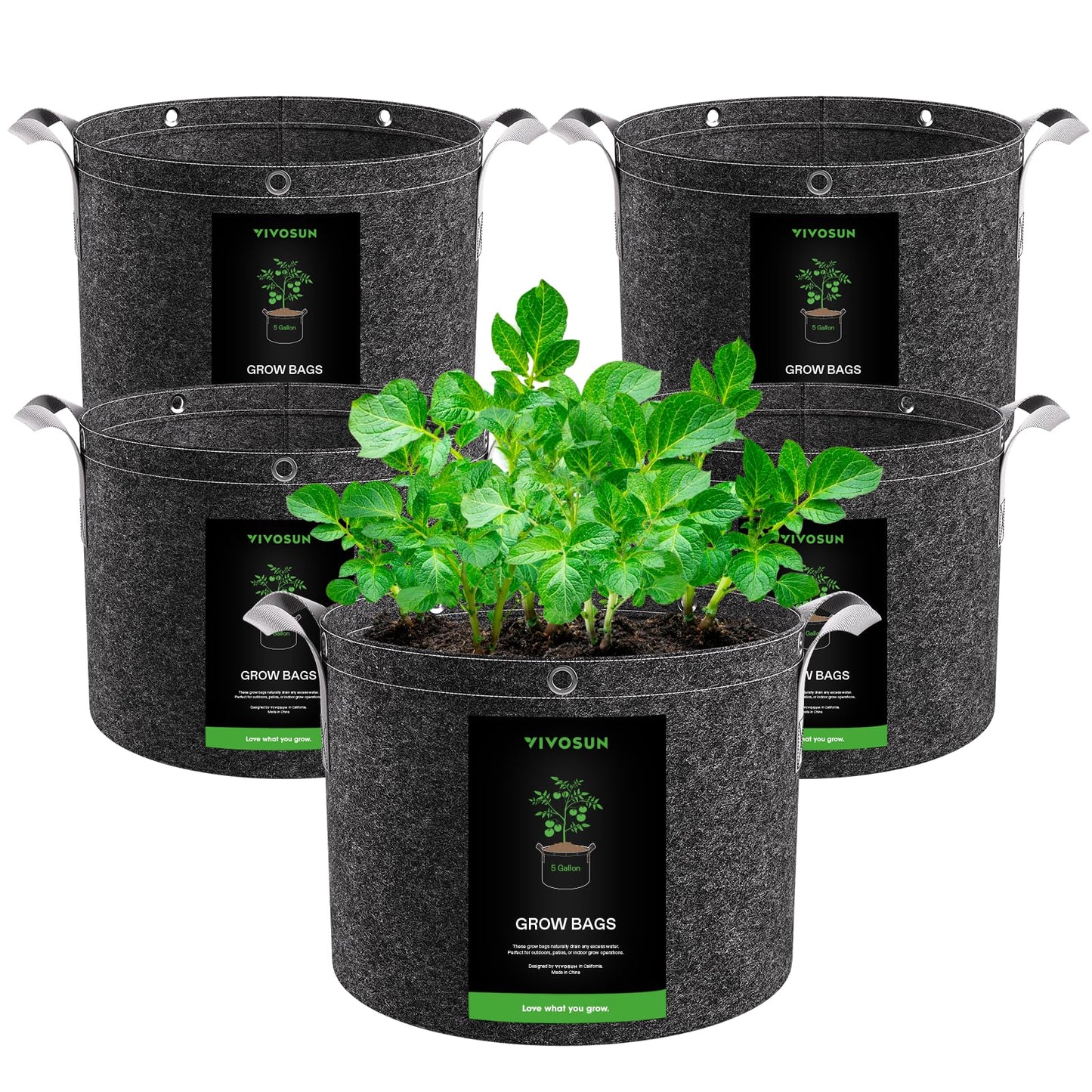 VIVOSUN 5-Pack 15 Gallon Grow Bags, 500G Thick Nonwoven Fabric Pots with Strap Handles, Multi-Purpose Rings, for Low Stress Plant Training Fruits, Vegetables, and Flowers