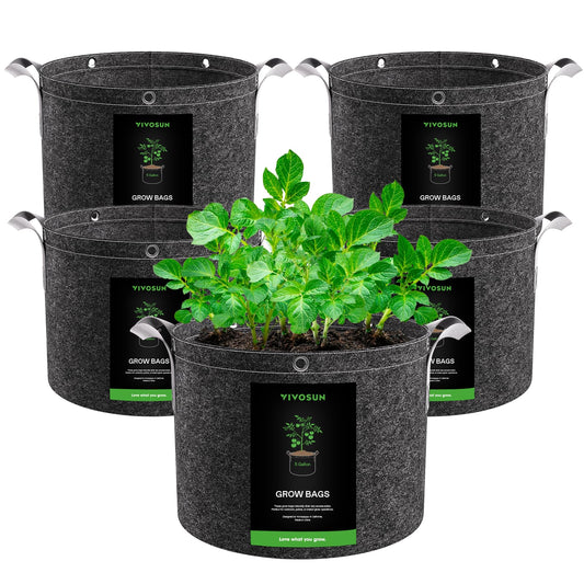 VIVOSUN 5-Pack 15 Gallon Grow Bags, 500G Thick Nonwoven Fabric Pots with Strap Handles, Multi-Purpose Rings, for Low Stress Plant Training Fruits, Vegetables, and Flowers