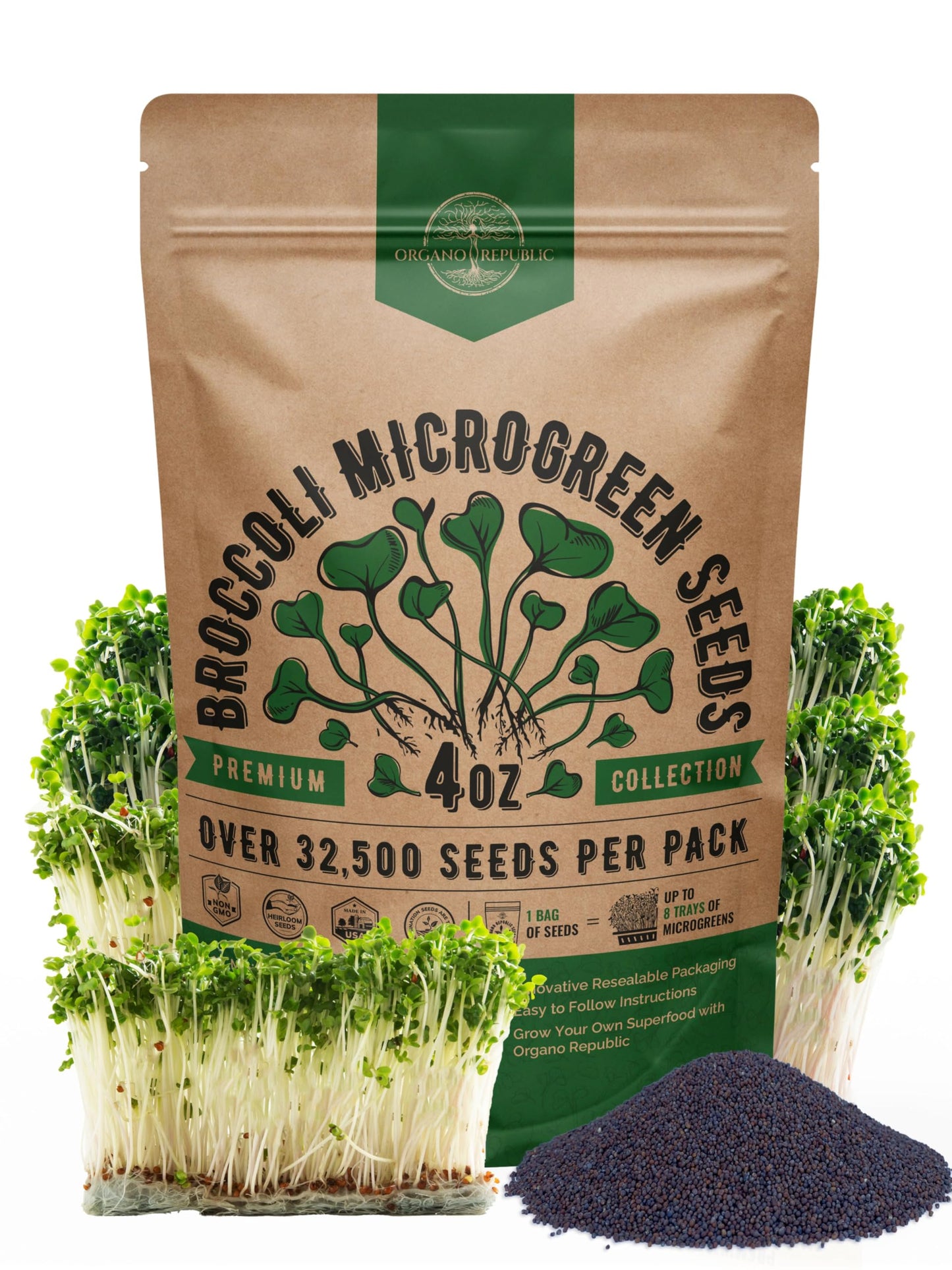 Organo Republic Arugula Sprouting & Microgreens Seeds - 55,000 Non-GMO Heirloom Seeds, Sprouts in 4 oz Resealable Bag for Planting & Growing Microgreens in Soil, Coconut Coir, Aeroponic & Hydroponic