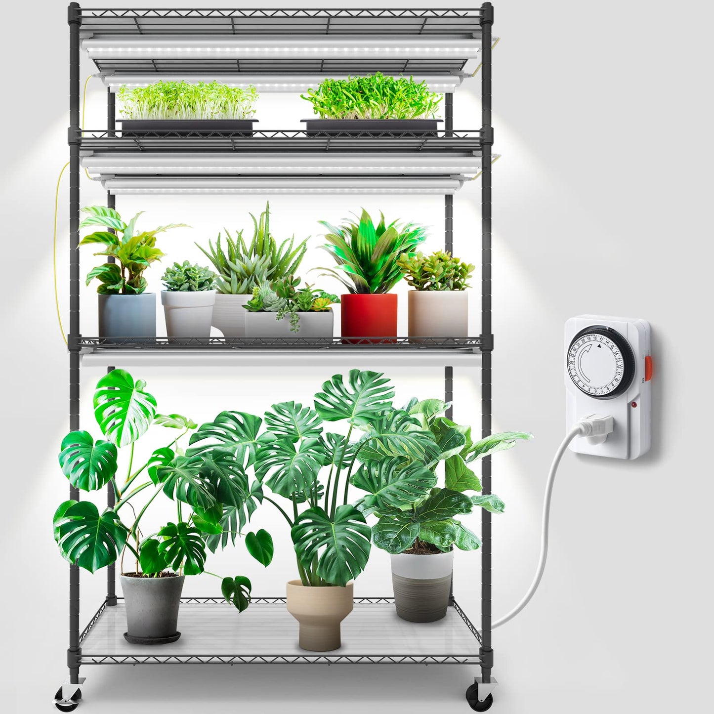 Barrina Mini Greenhouse with LED Grow Light for Indoor Plant, 4-Tier Portable Metal Plant Stand with Wheels, Plant Shelf with Tent, 6Pcs Plant Light with Timer and Thermo-Hygrometer, 35.4x13.8x59IN
