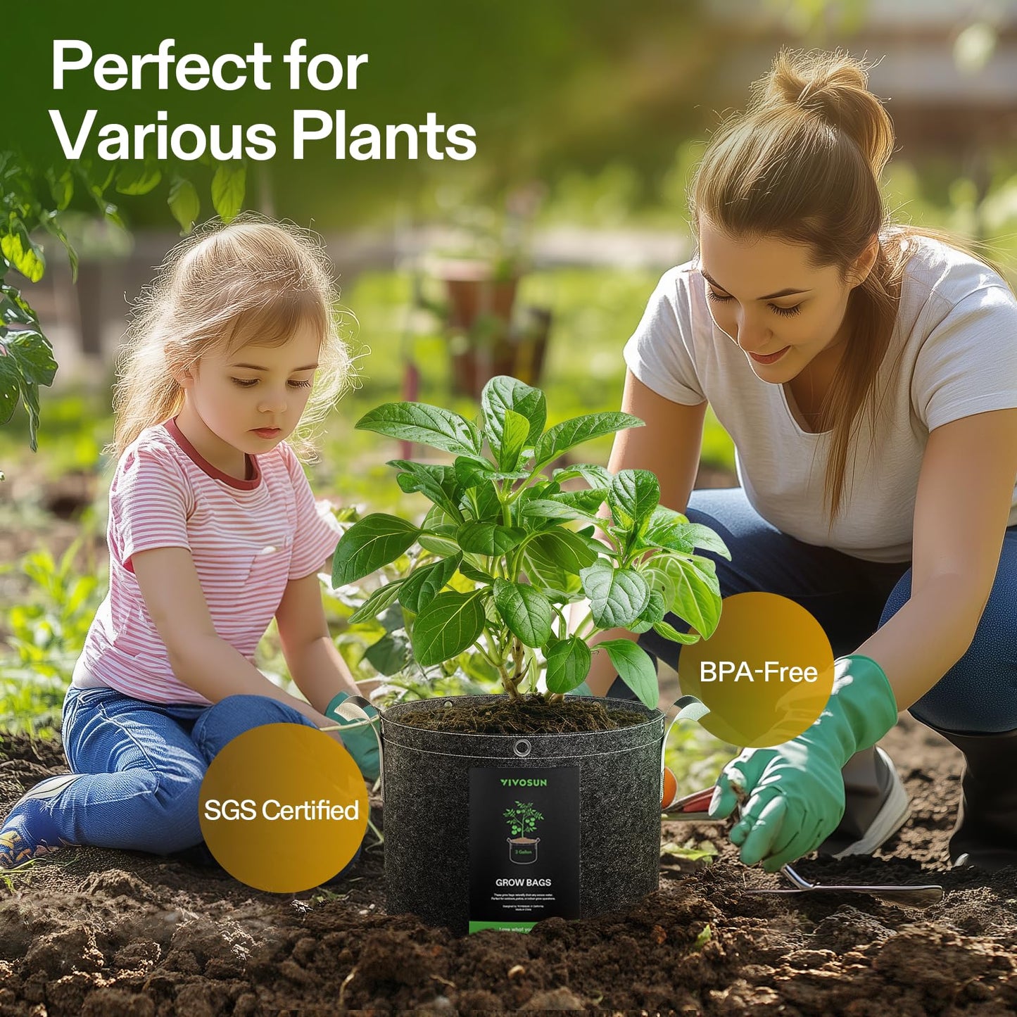 VIVOSUN 5-Pack 15 Gallon Grow Bags, 500G Thick Nonwoven Fabric Pots with Strap Handles, Multi-Purpose Rings, for Low Stress Plant Training Fruits, Vegetables, and Flowers