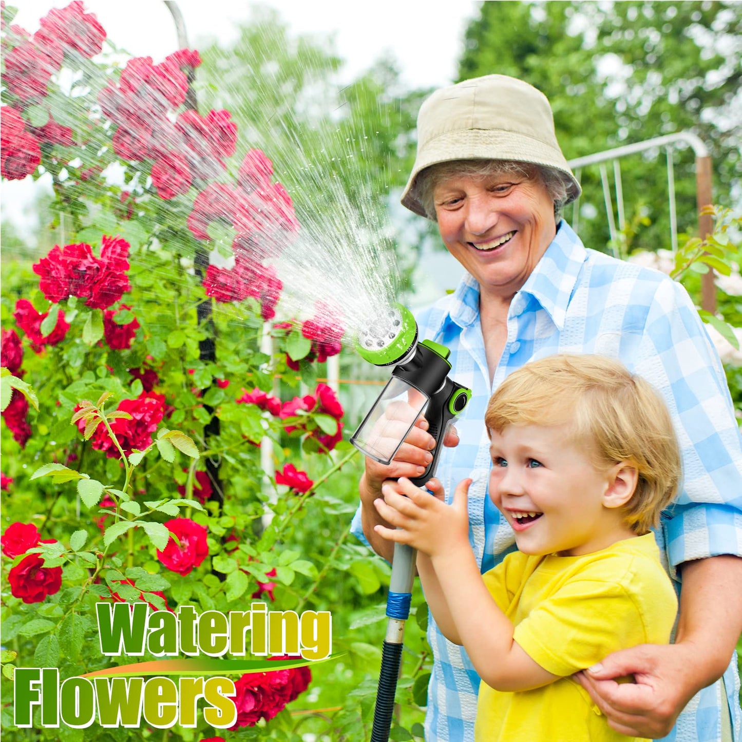 8 in 1 Garden Hose Nozzle Sprayer, Upgrade Dog Wash Hose Attachment with 3.5OZ/100CC Soap Dispenser Bottle and Dog Shower Brush, Ideal for Watering Flowers, Car Washing, Dog and Horse Bathing