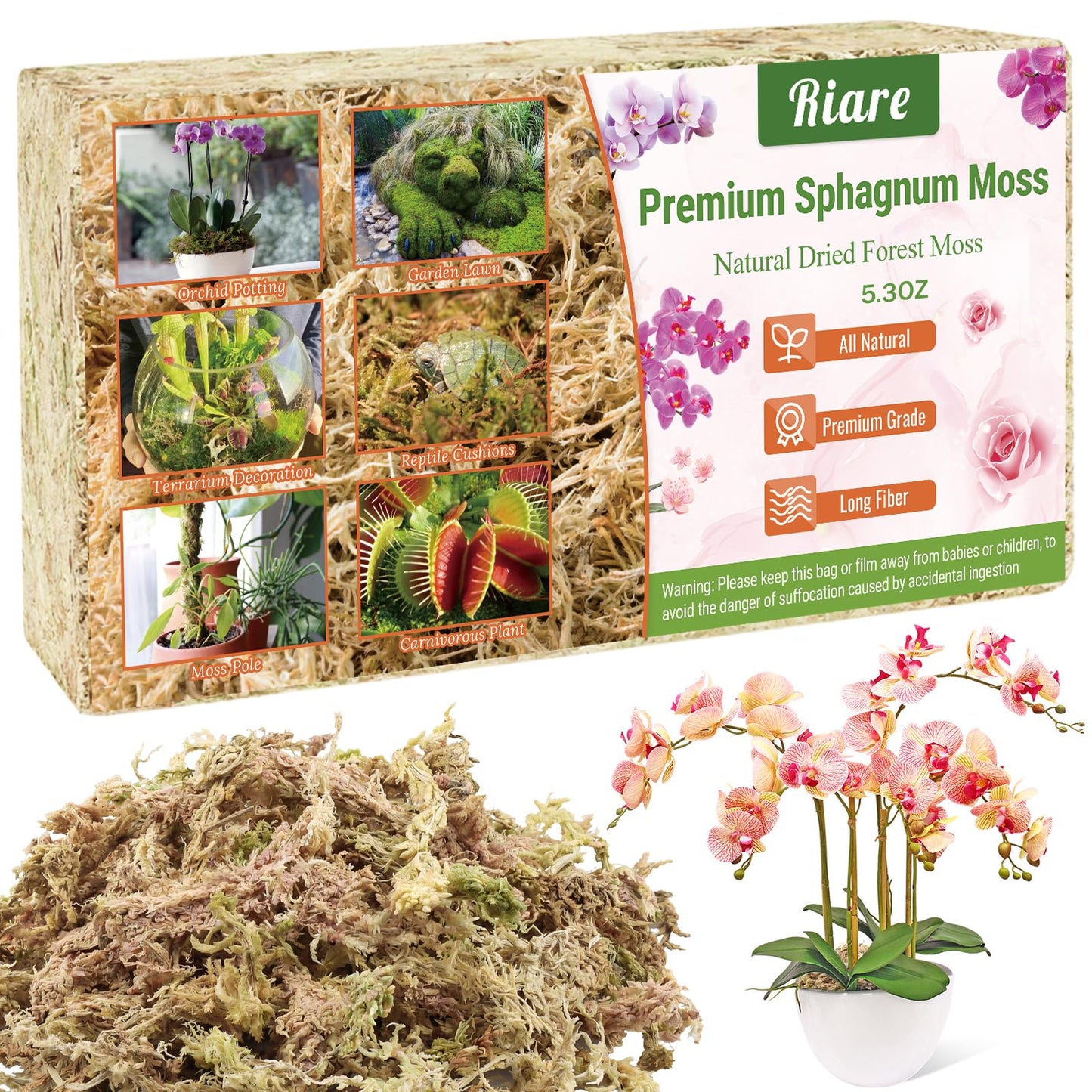 Riare 2.2 LB Premium Sphagnum Moss for Plants- 40QT Natural Long Fibered Sphagnum Peat Moss Plants Moss Dried, Carnivorous Plants Moss Orchid Potting Mix for Orchids, Carnivorous Plants, Succulent