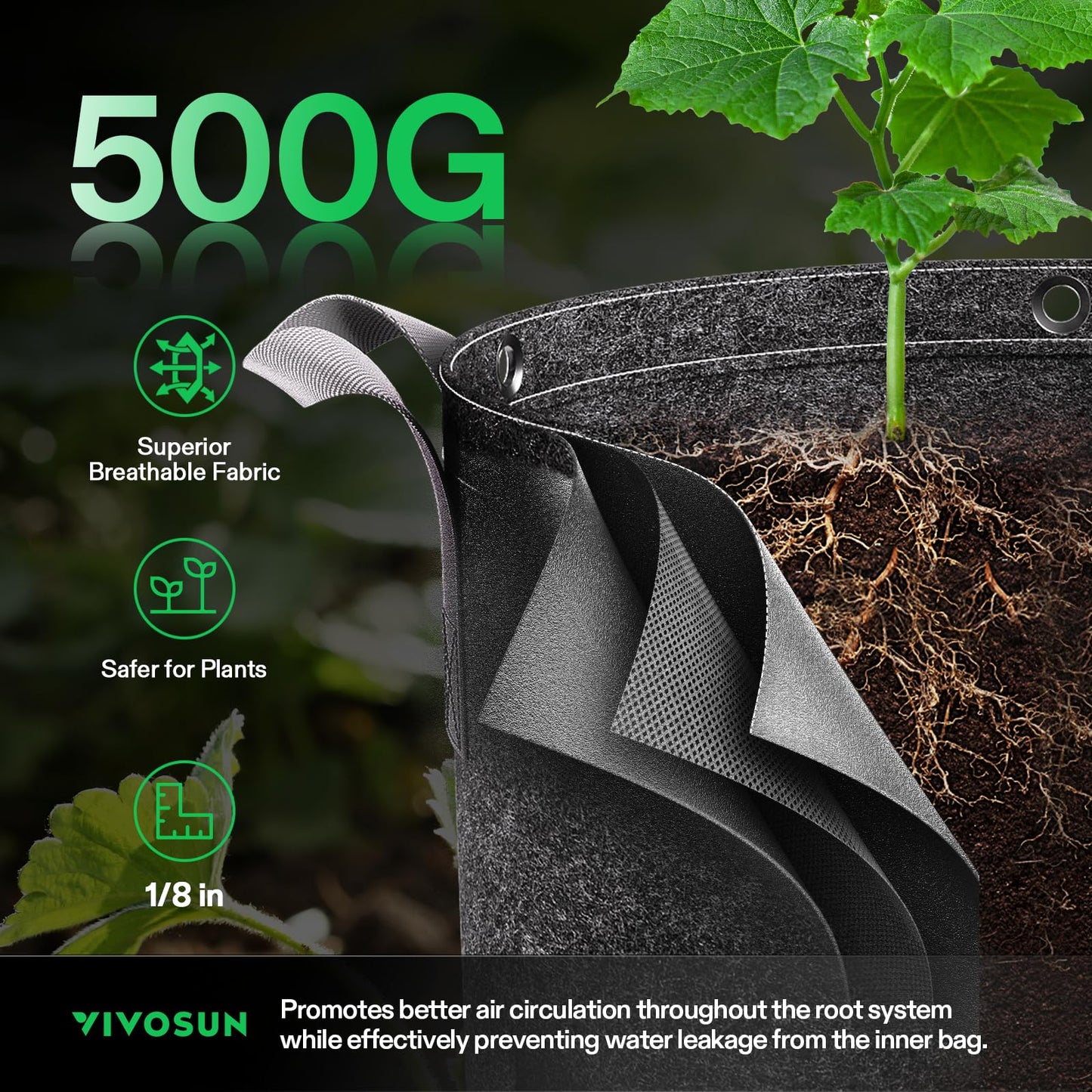 VIVOSUN 5-Pack 15 Gallon Grow Bags, 500G Thick Nonwoven Fabric Pots with Strap Handles, Multi-Purpose Rings, for Low Stress Plant Training Fruits, Vegetables, and Flowers