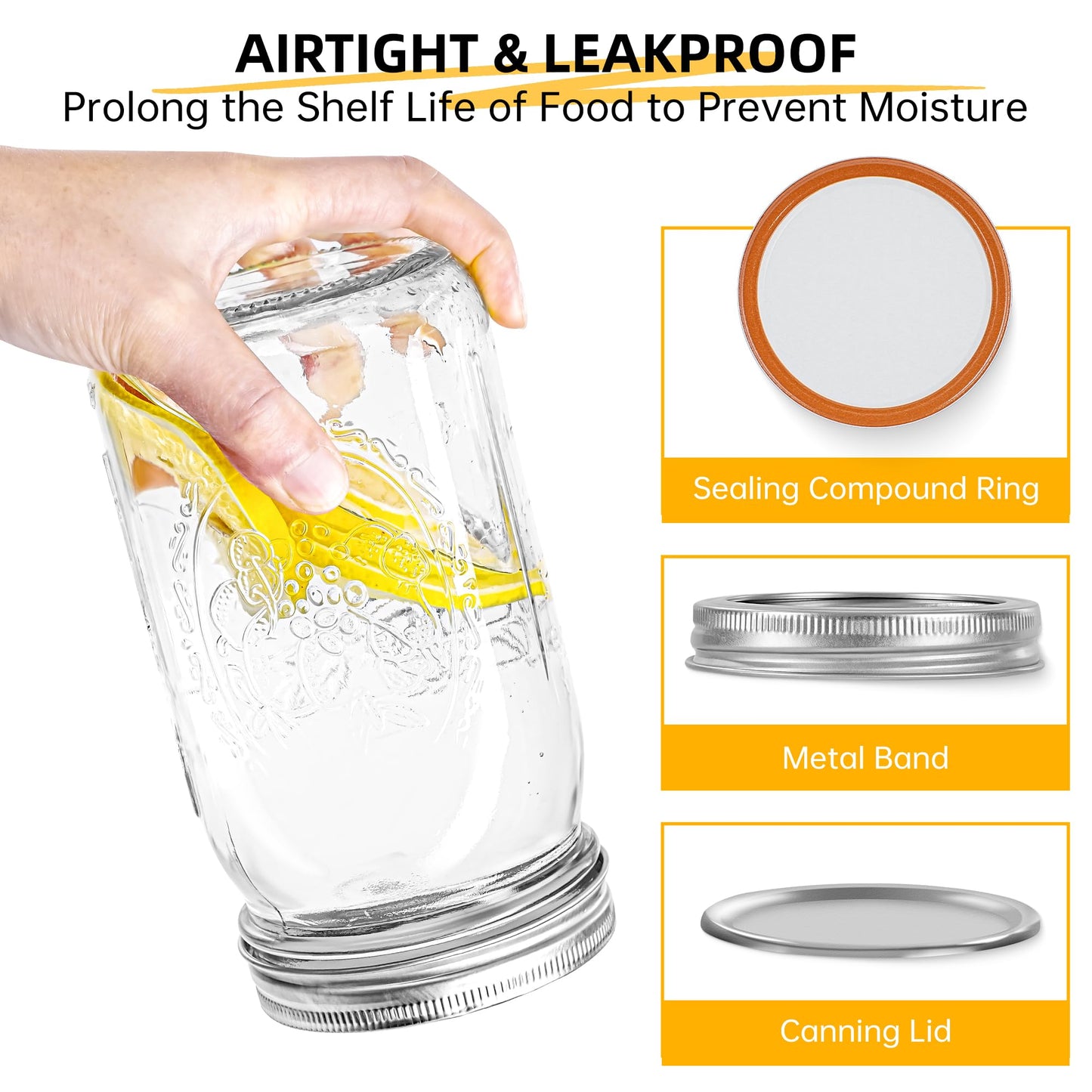 Wide Mouth Mason Jars 16 oz with Lids [6 Pack], Canning Jars with Metal Airtight Lids and Bands, 16 oz Glass Jars for Fermenting, Pickling, Freezing, Preserving, Meal Prep, Jar Décor