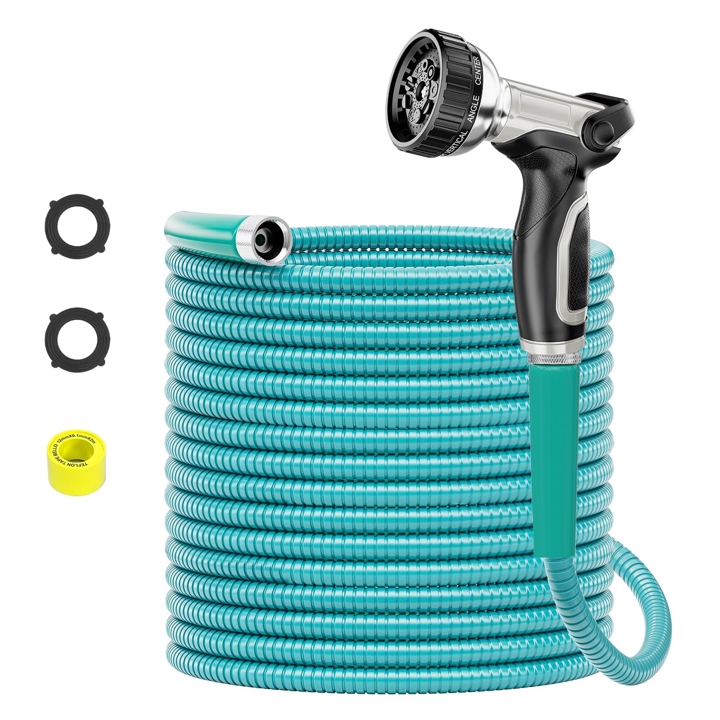 50ft 304 Stainless Steel Garden Hose Metal, Heavy Duty Water Pipe with Nozzles for Yard, Outdoor - Flexible, Never Kink & Tangle, Puncture Resistant (Sliver)