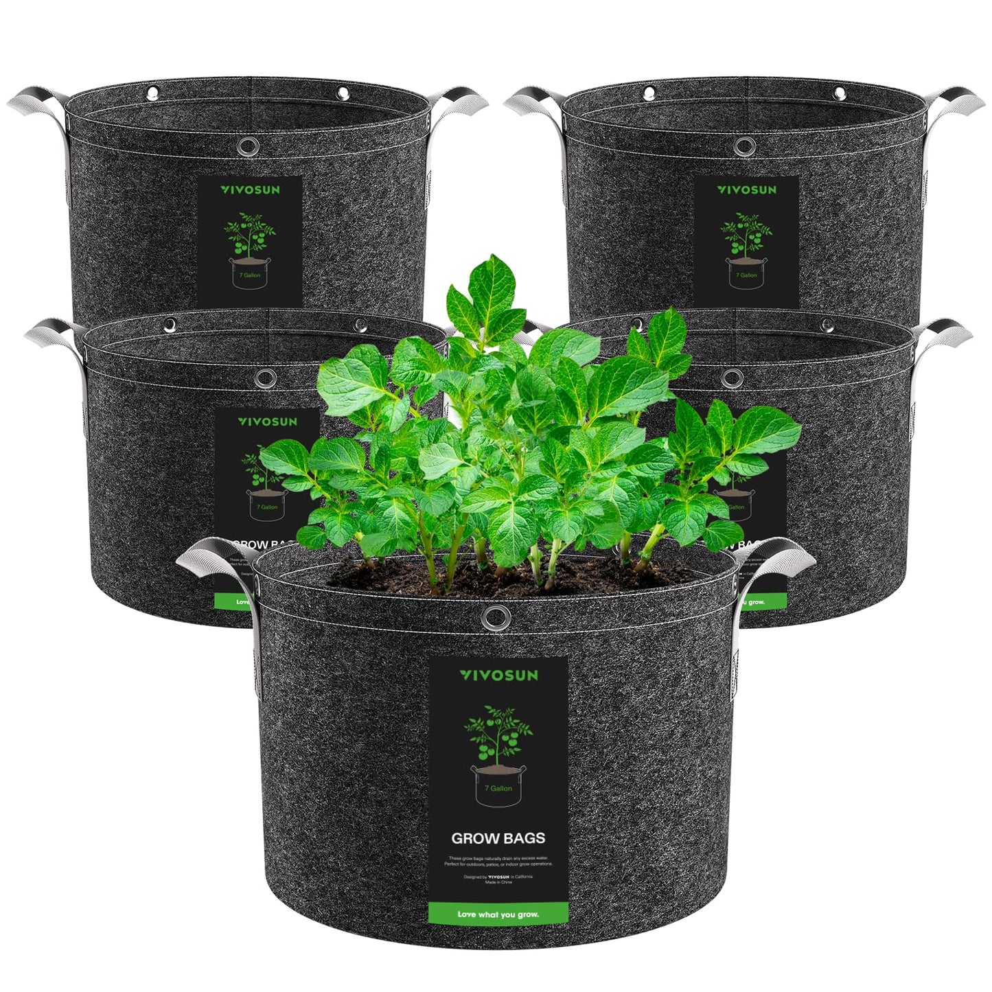 VIVOSUN 5-Pack 15 Gallon Grow Bags, 500G Thick Nonwoven Fabric Pots with Strap Handles, Multi-Purpose Rings, for Low Stress Plant Training Fruits, Vegetables, and Flowers