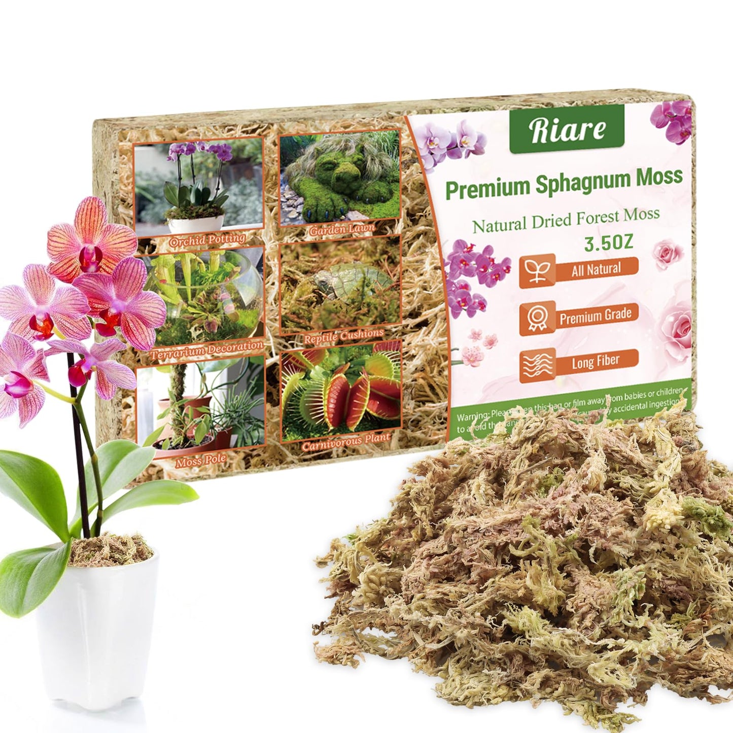 Riare 2.2 LB Premium Sphagnum Moss for Plants- 40QT Natural Long Fibered Sphagnum Peat Moss Plants Moss Dried, Carnivorous Plants Moss Orchid Potting Mix for Orchids, Carnivorous Plants, Succulent
