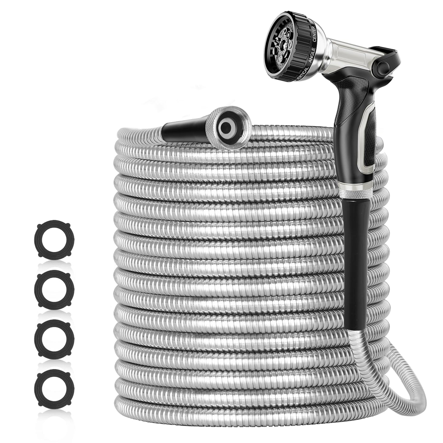 50ft 304 Stainless Steel Garden Hose Metal, Heavy Duty Water Pipe with Nozzles for Yard, Outdoor - Flexible, Never Kink & Tangle, Puncture Resistant (Sliver)