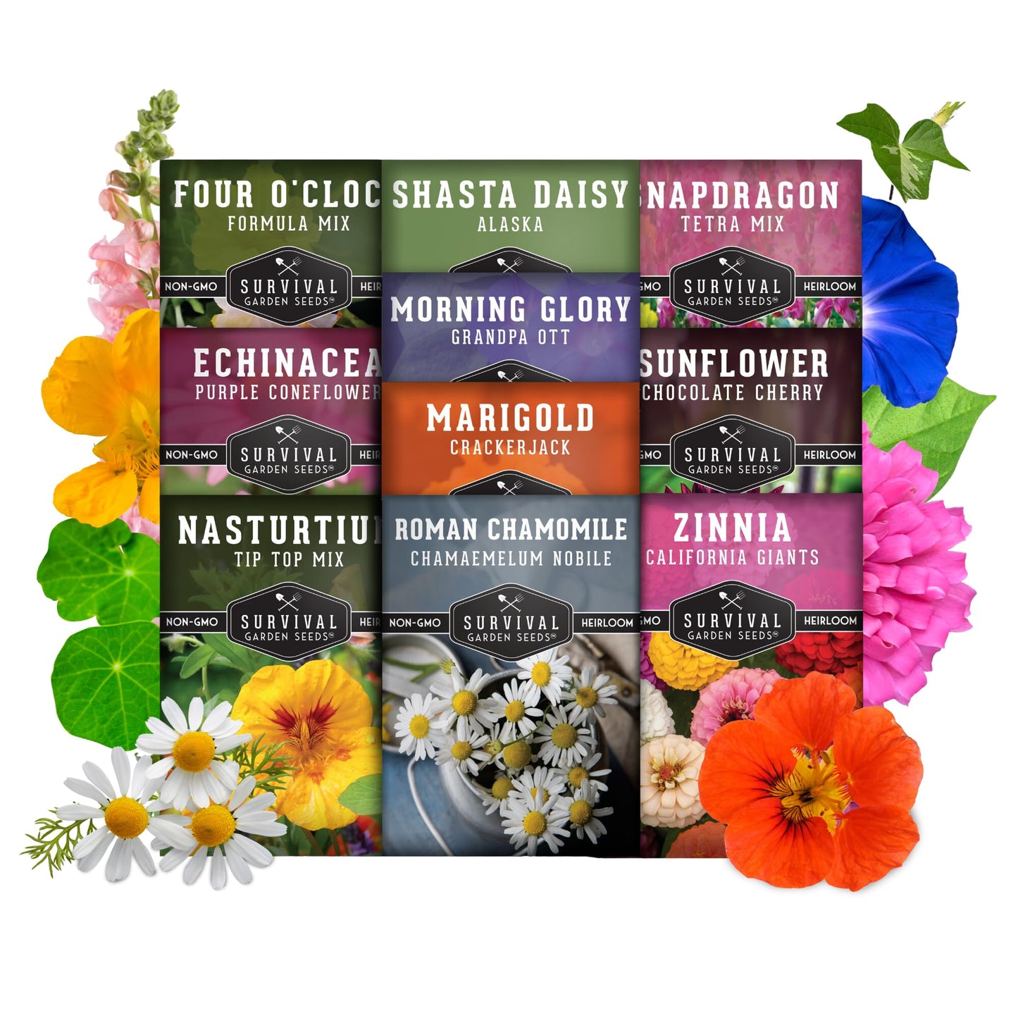 10 Flower Seed Collection for Planting | Zinnia, Sunflower, Marigold, Snapdragon, Nasturtium, Morning Glory, Chamomile, Shasta Daisy, Purple Coneflower, Four O’Clock - Survival Garden Seeds