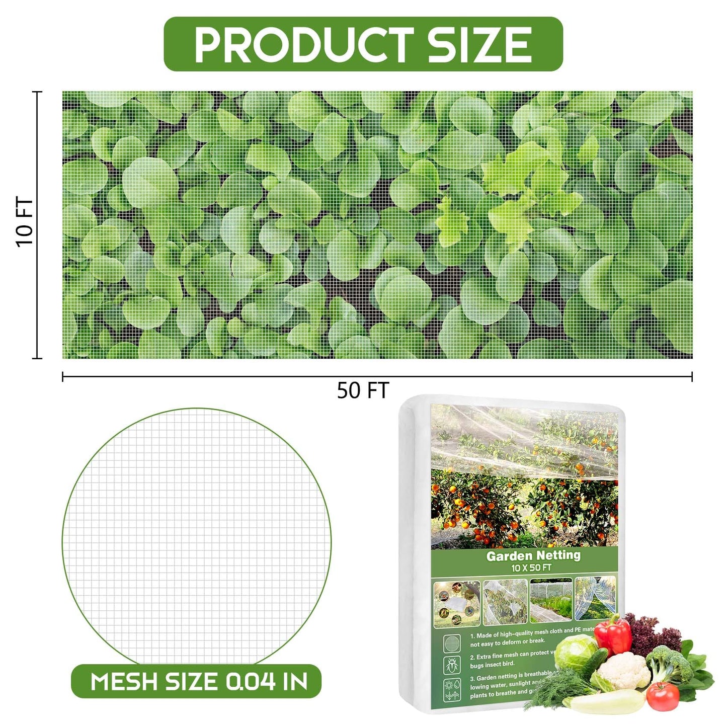 Unves Garden Netting, 10 x 50 Ft Insect Bird Netting for Garden Protection, Ultra Fine Mesh Mosquito Net for Patio Vegetable Plants Fruit Tree, Birds Pests Bugs Plant Covers