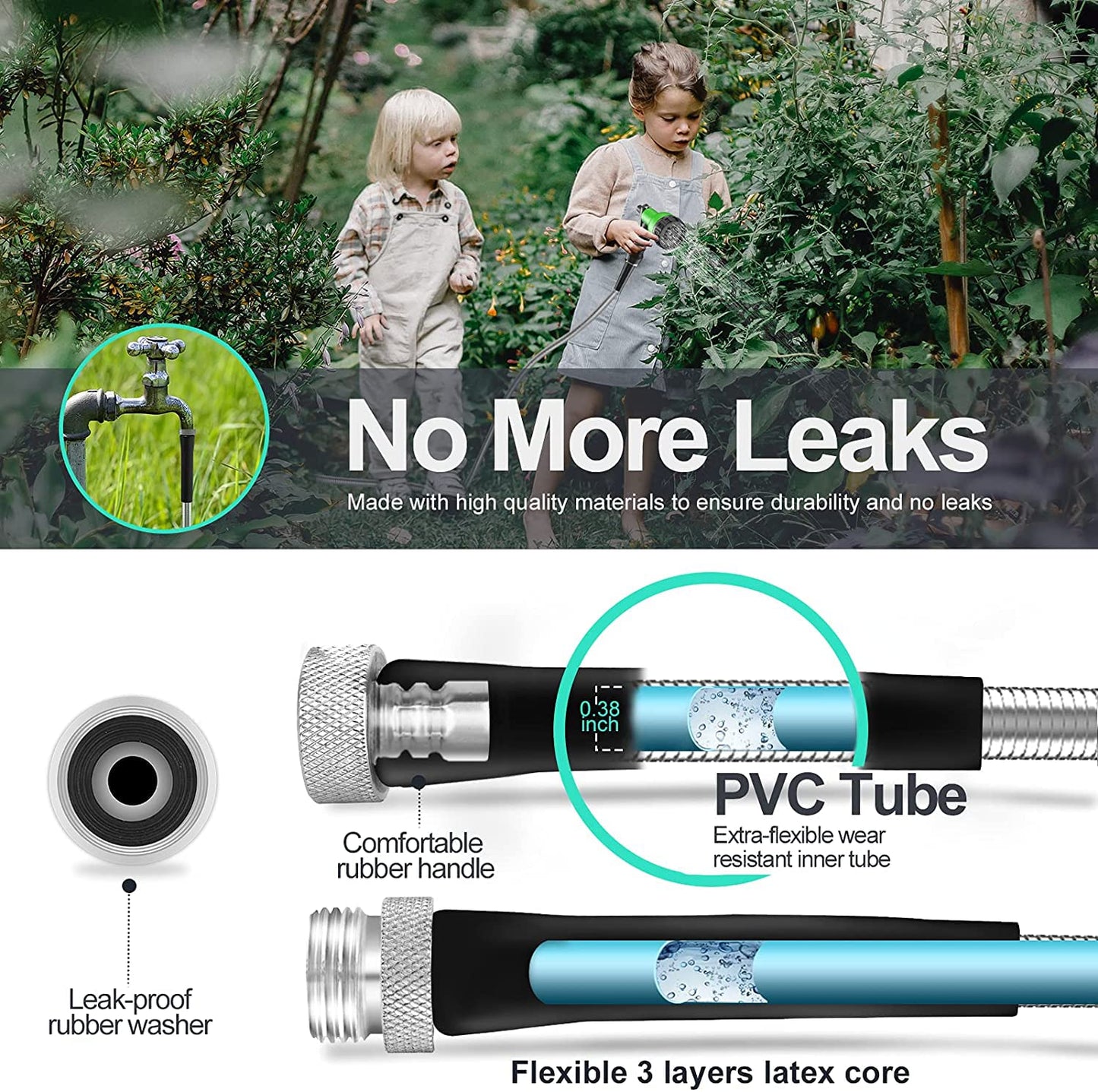 50ft 304 Stainless Steel Garden Hose Metal, Heavy Duty Water Pipe with Nozzles for Yard, Outdoor - Flexible, Never Kink & Tangle, Puncture Resistant (Sliver)