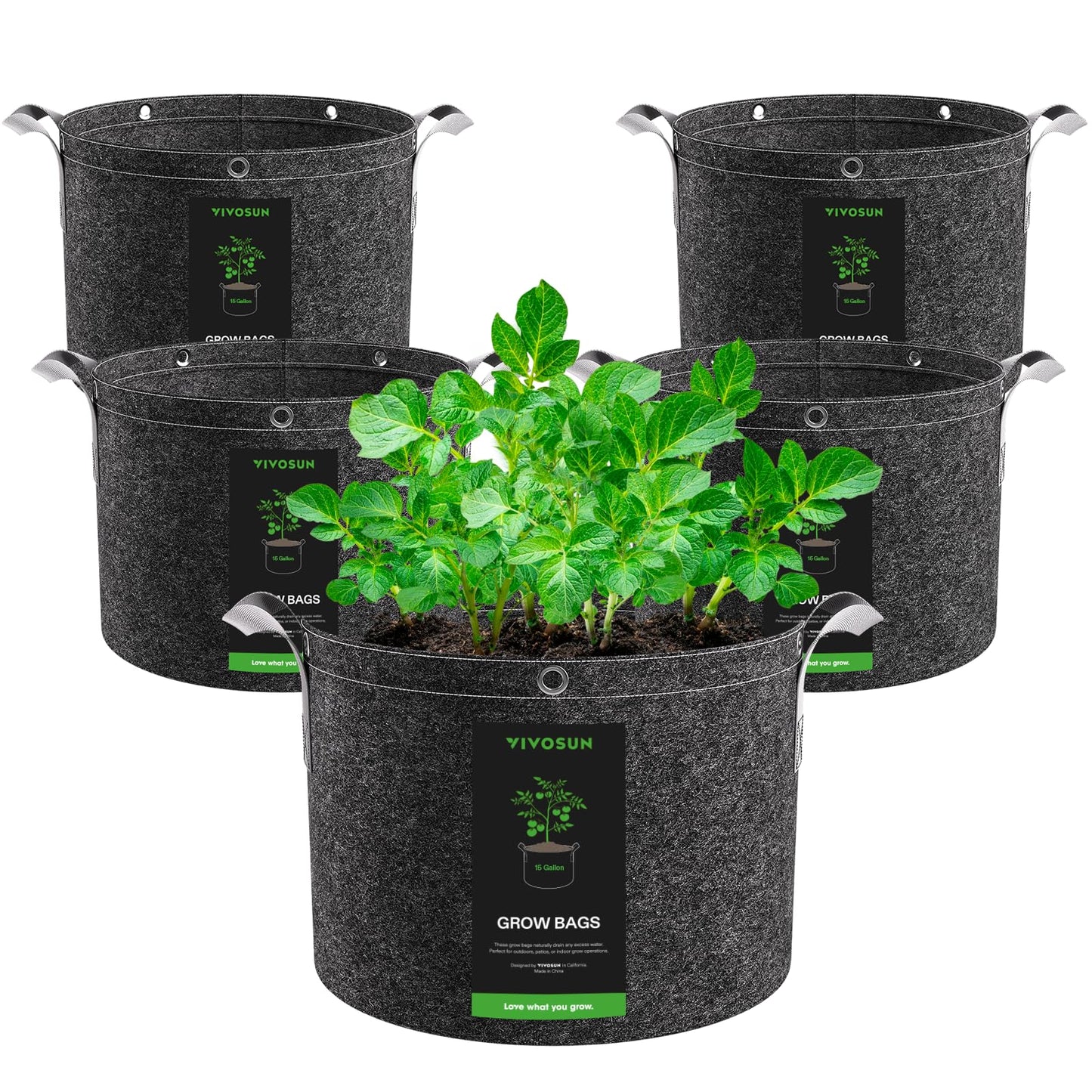 VIVOSUN 5-Pack 15 Gallon Grow Bags, 500G Thick Nonwoven Fabric Pots with Strap Handles, Multi-Purpose Rings, for Low Stress Plant Training Fruits, Vegetables, and Flowers