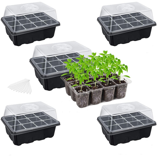 Bonviee 5-Pack Seed Starter Trays, Seed Starter Kit with Adjustable Humidity Dome and Base Indoor Greenhouse Mini Propagator for Seeds Growing Starting (12 Cells Per Tray, Green)