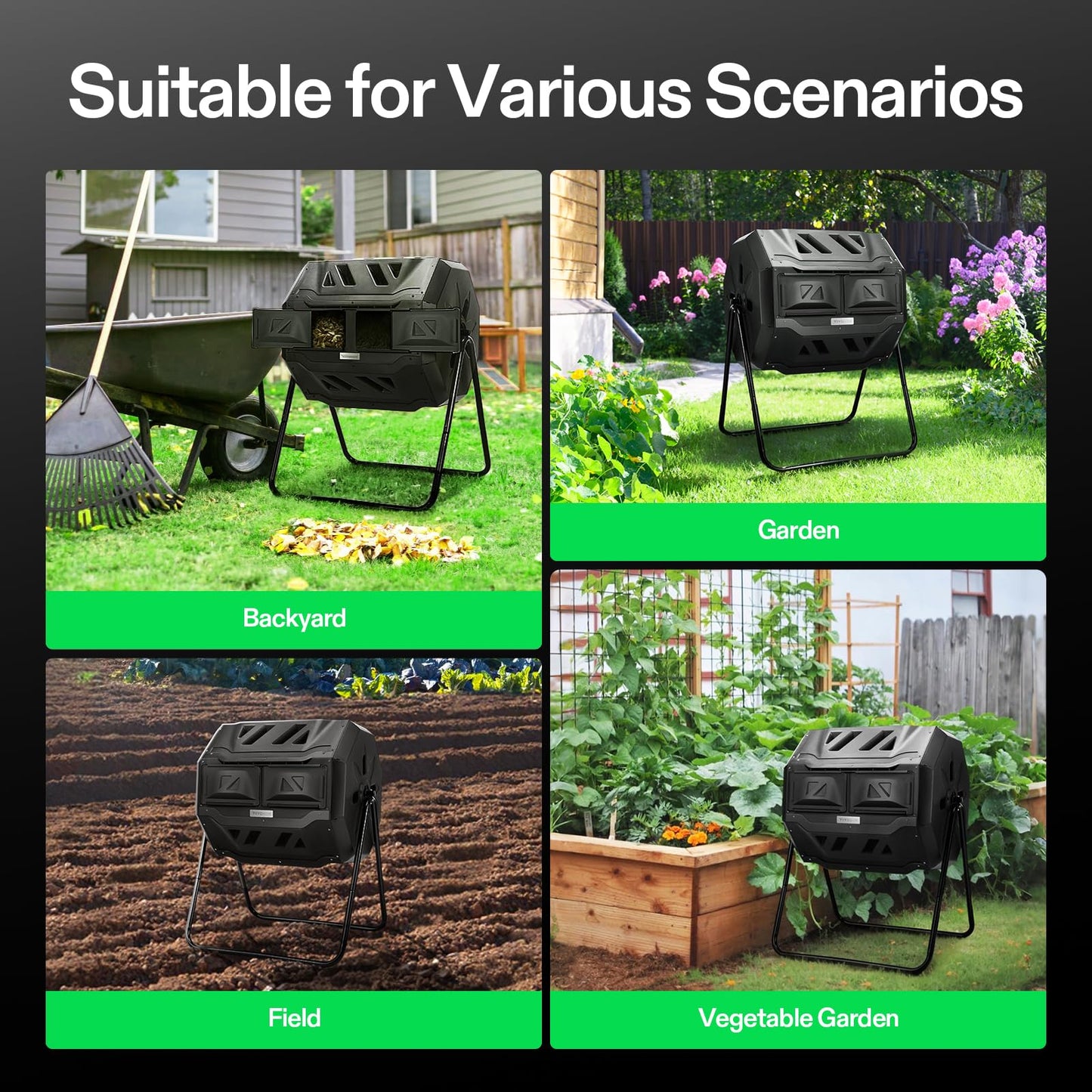 VIVOSUN Outdoor Tumbling Composter Dual Rotating Batch Compost Bin, 43 Gallon Black Door