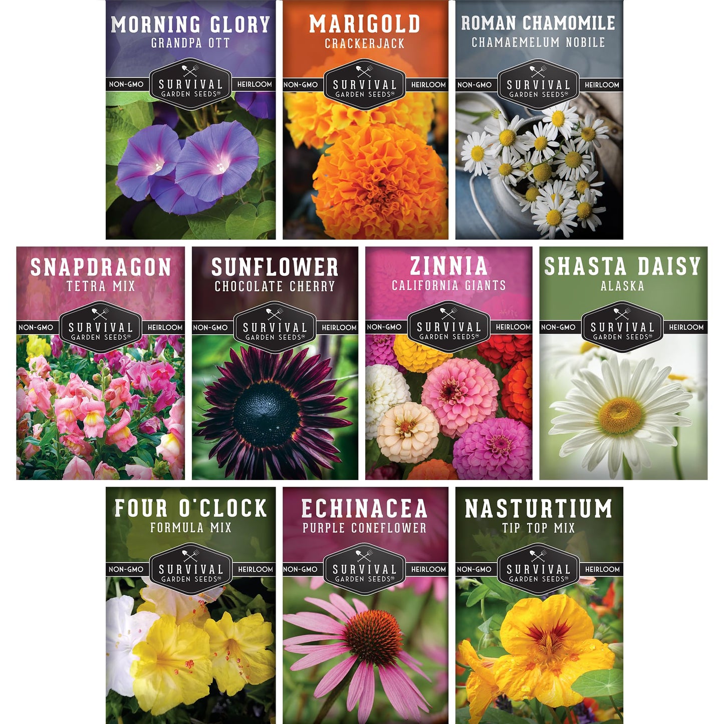 10 Flower Seed Collection for Planting | Zinnia, Sunflower, Marigold, Snapdragon, Nasturtium, Morning Glory, Chamomile, Shasta Daisy, Purple Coneflower, Four O’Clock - Survival Garden Seeds
