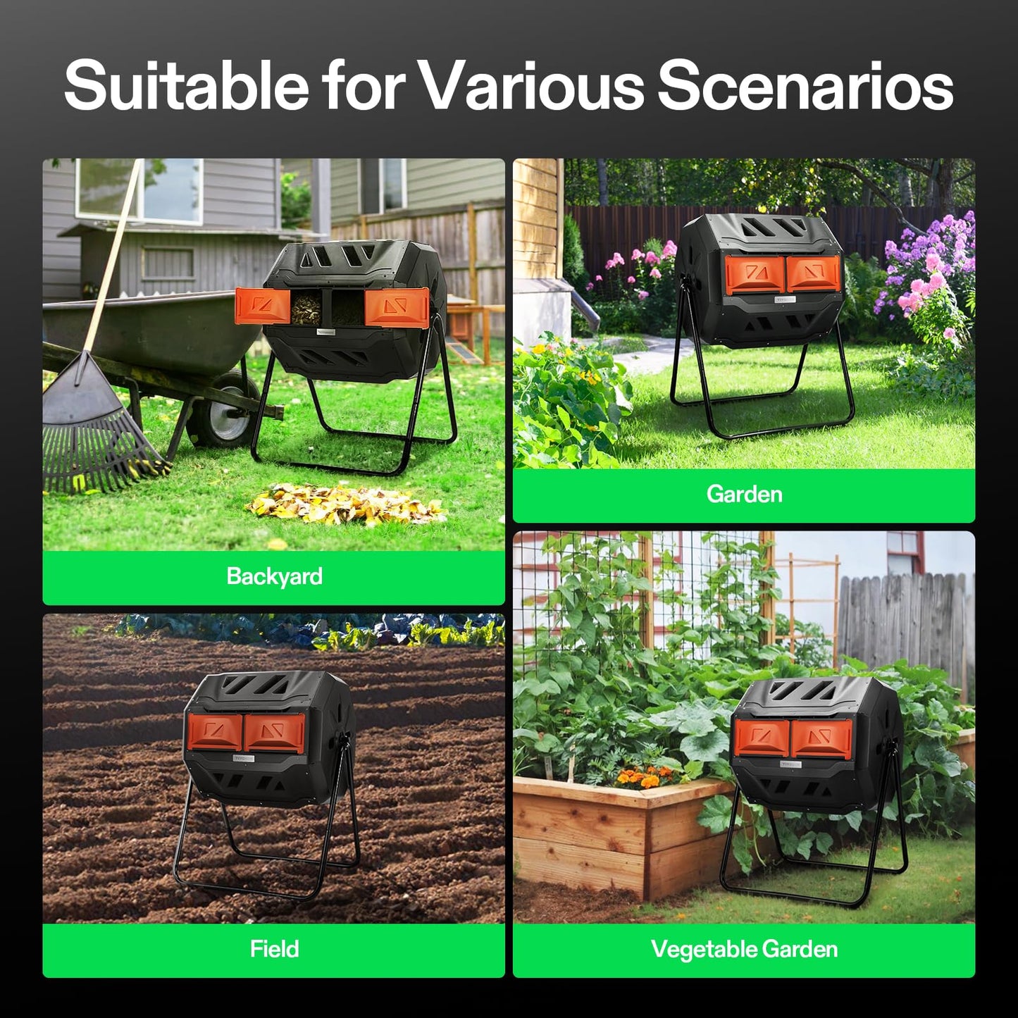 VIVOSUN Outdoor Tumbling Composter Dual Rotating Batch Compost Bin, 43 Gallon Black Door