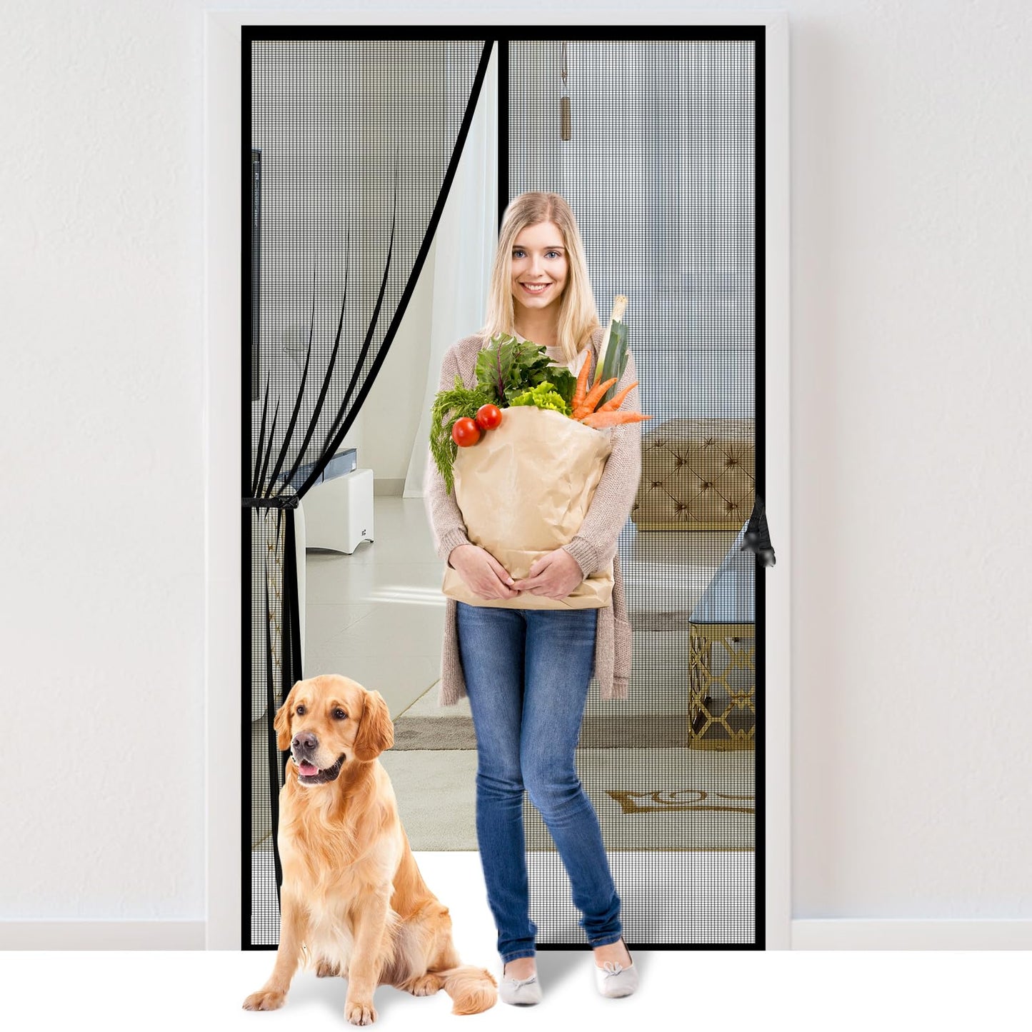 Magnetic Screen Door -Fit for Door Size:32x80 Inch, Hands Free Mesh Partition, Heavy Duty Screen Door Mesh Curtain Keeps Bugs Out, Frame Hook & Loop, Pet and Kid Friendly, Itself Size 34x82