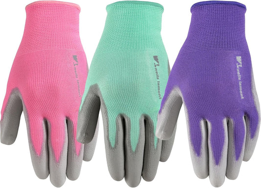 Wells Lamont 3 Pair Pack Women’s Gardening Gloves | PU Coated Grip Work Gloves| Each Pack Includes Pink, Green, Purple | Medium (413MF)