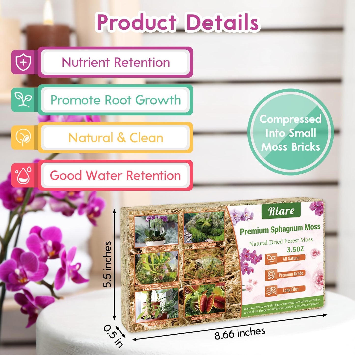 Riare 2.2 LB Premium Sphagnum Moss for Plants- 40QT Natural Long Fibered Sphagnum Peat Moss Plants Moss Dried, Carnivorous Plants Moss Orchid Potting Mix for Orchids, Carnivorous Plants, Succulent