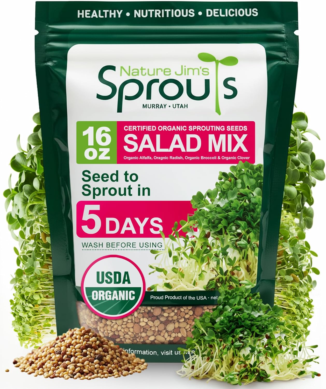 Nature Jims Sprouts Organic Salad Mix – Non-GMO Microgreen Seeds for Growing – Healthy Broccoli, Alfalfa, Radish & Clover Sprouting Variety Blend – Microgreens & Sprouts Seeds for Home Gardening – 1lb