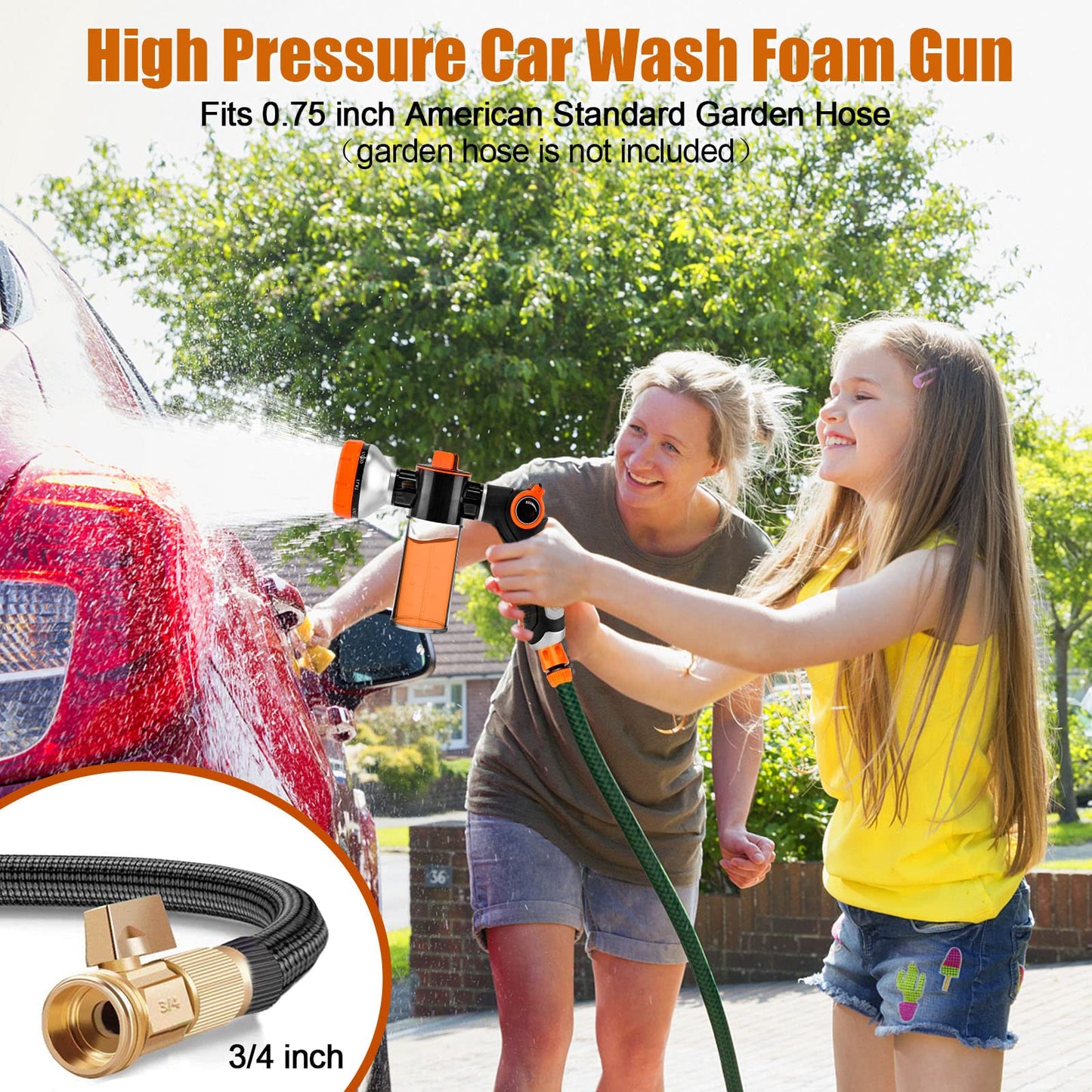 8 in 1 Garden Hose Nozzle Sprayer, Upgrade Dog Wash Hose Attachment with 3.5OZ/100CC Soap Dispenser Bottle and Dog Shower Brush, Ideal for Watering Flowers, Car Washing, Dog and Horse Bathing