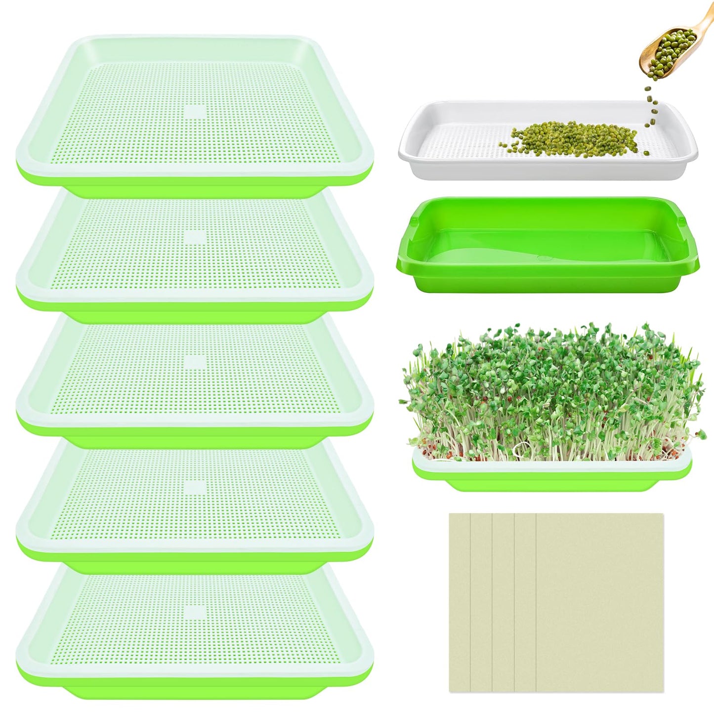 Legigo 10 Pack Green Seed Sprouter Trays- Soil-Free Cultivation Germination Tray, BPA Free Nursery Tray with Planting Paper for Indoors or Outdoors Sprouting Seeds, Grow Grass, Beans (Without Lids)