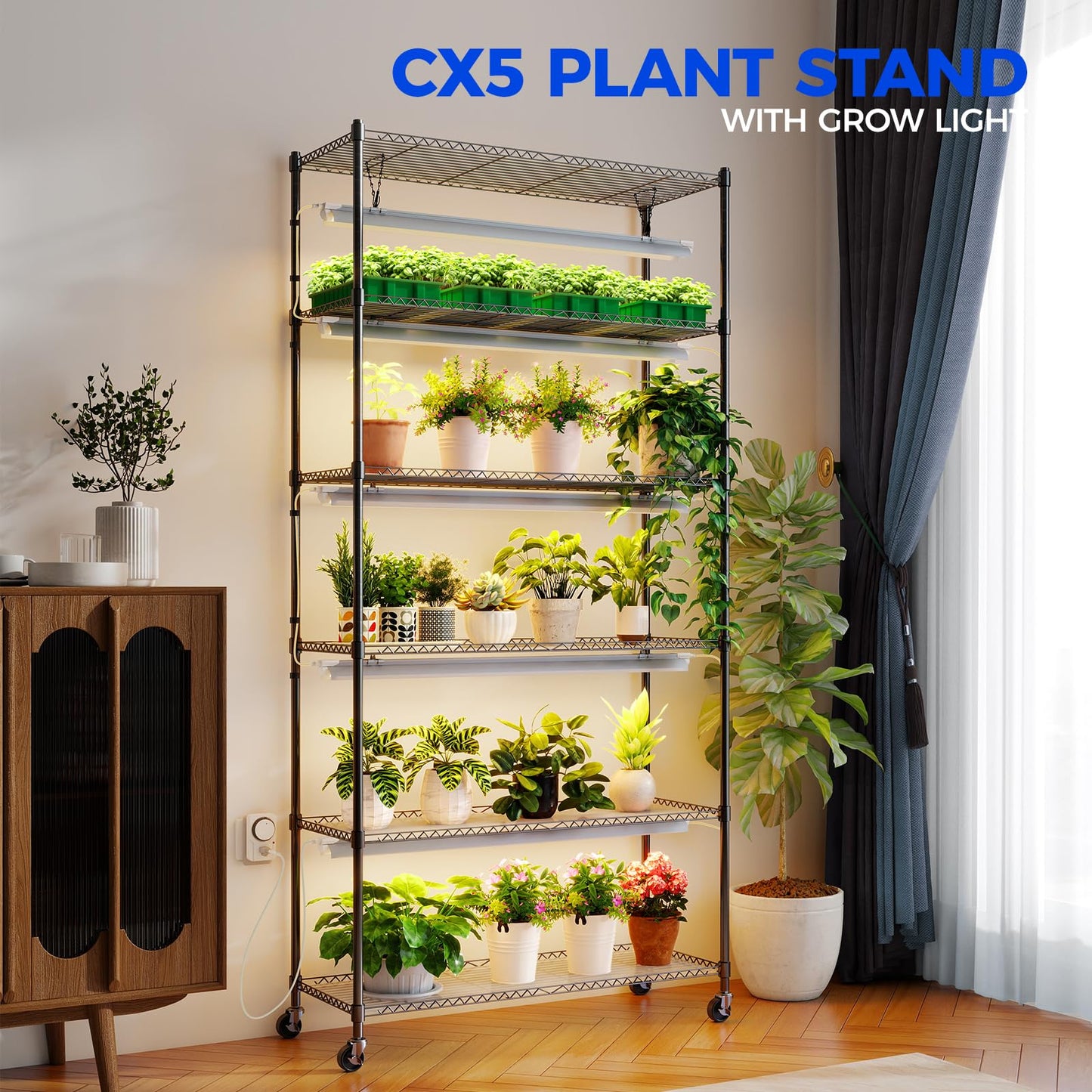 Barrina CX6 Plant Stand with Grow Lights, 3FT T8 30W(Per Light) Full Spectrum Yellow LED Plant Lights, Indoor Plant Shelf for Multiple Plants with On/Off Timer Socket, 6-Tier 35.4"x13.8"x70.9"