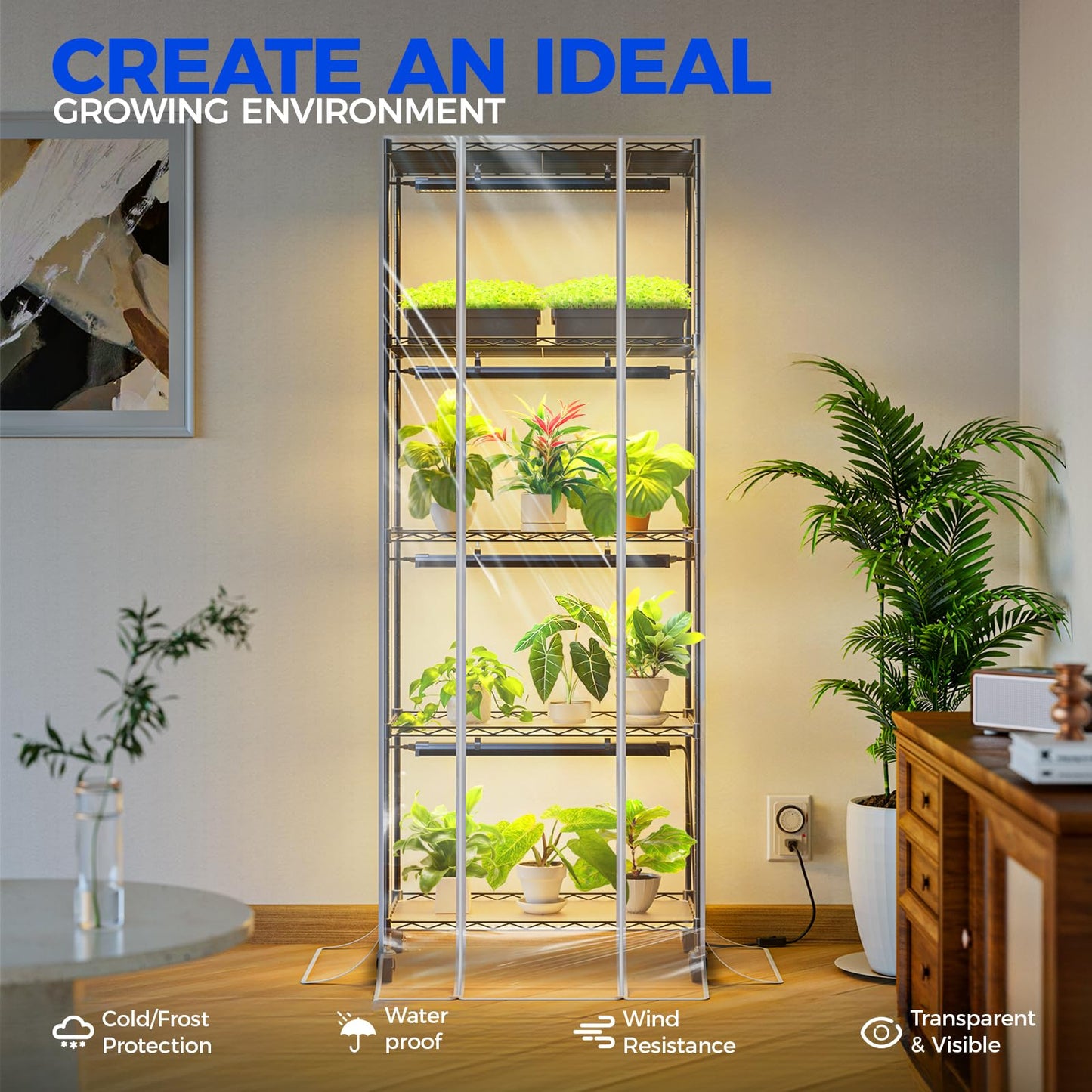 Barrina CX6 Plant Stand with Grow Lights, 3FT T8 30W(Per Light) Full Spectrum Yellow LED Plant Lights, Indoor Plant Shelf for Multiple Plants with On/Off Timer Socket, 6-Tier 35.4"x13.8"x70.9"