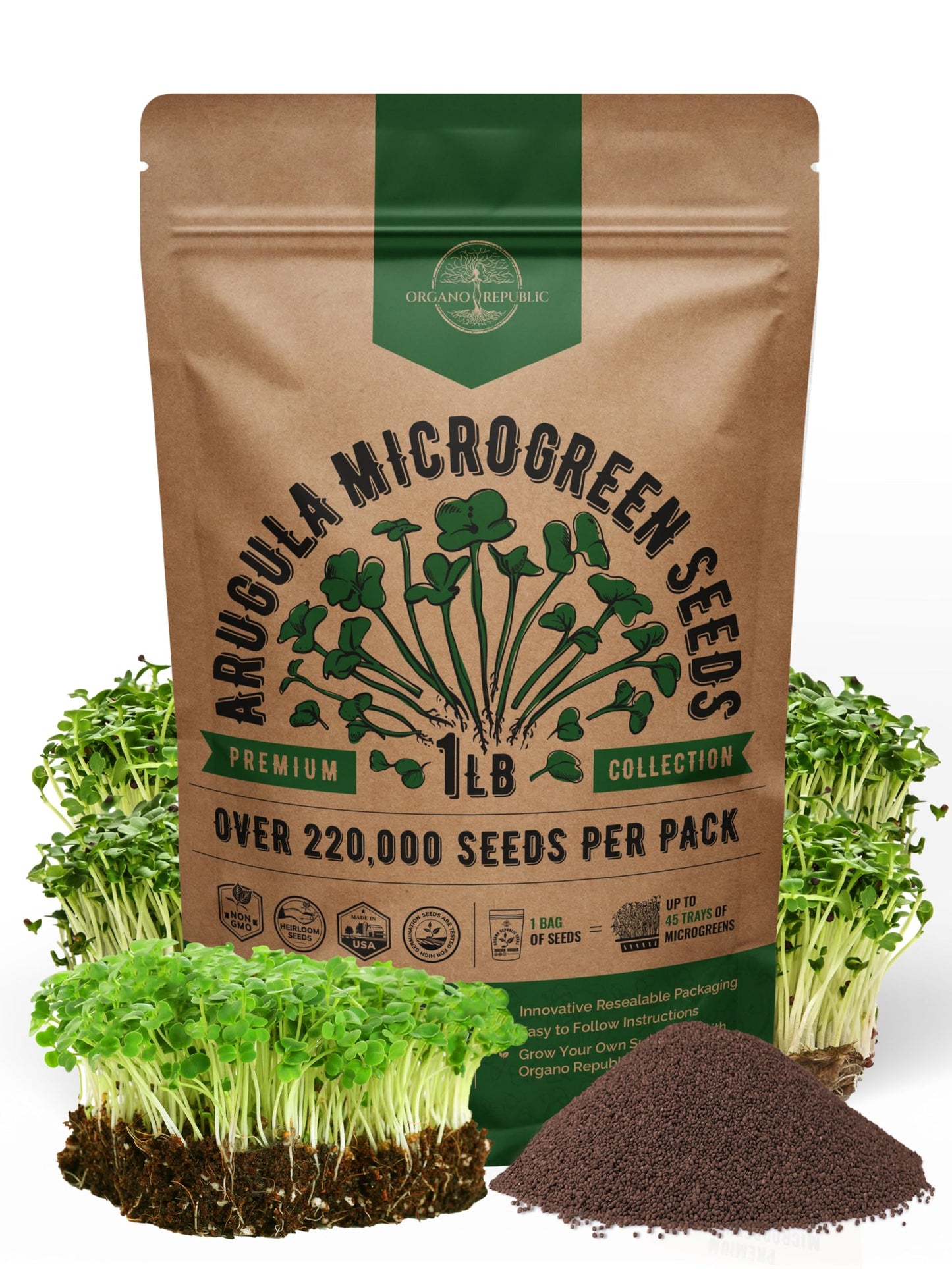 Organo Republic Arugula Sprouting & Microgreens Seeds - 55,000 Non-GMO Heirloom Seeds, Sprouts in 4 oz Resealable Bag for Planting & Growing Microgreens in Soil, Coconut Coir, Aeroponic & Hydroponic