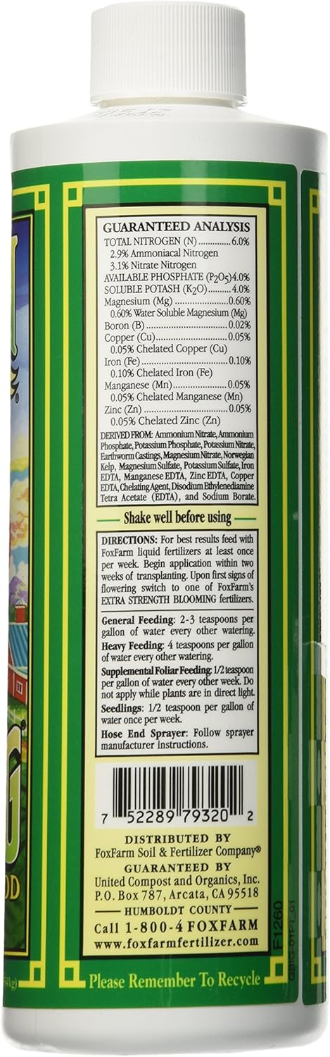 FoxFarm Grow Big Liquid Plant Food - Bloom Fertilizer for Flowers, Fruits, and Vegetables, Perfect for Indoor & Outdoor Potted Plants, NPK 6-4-4 (Pint)