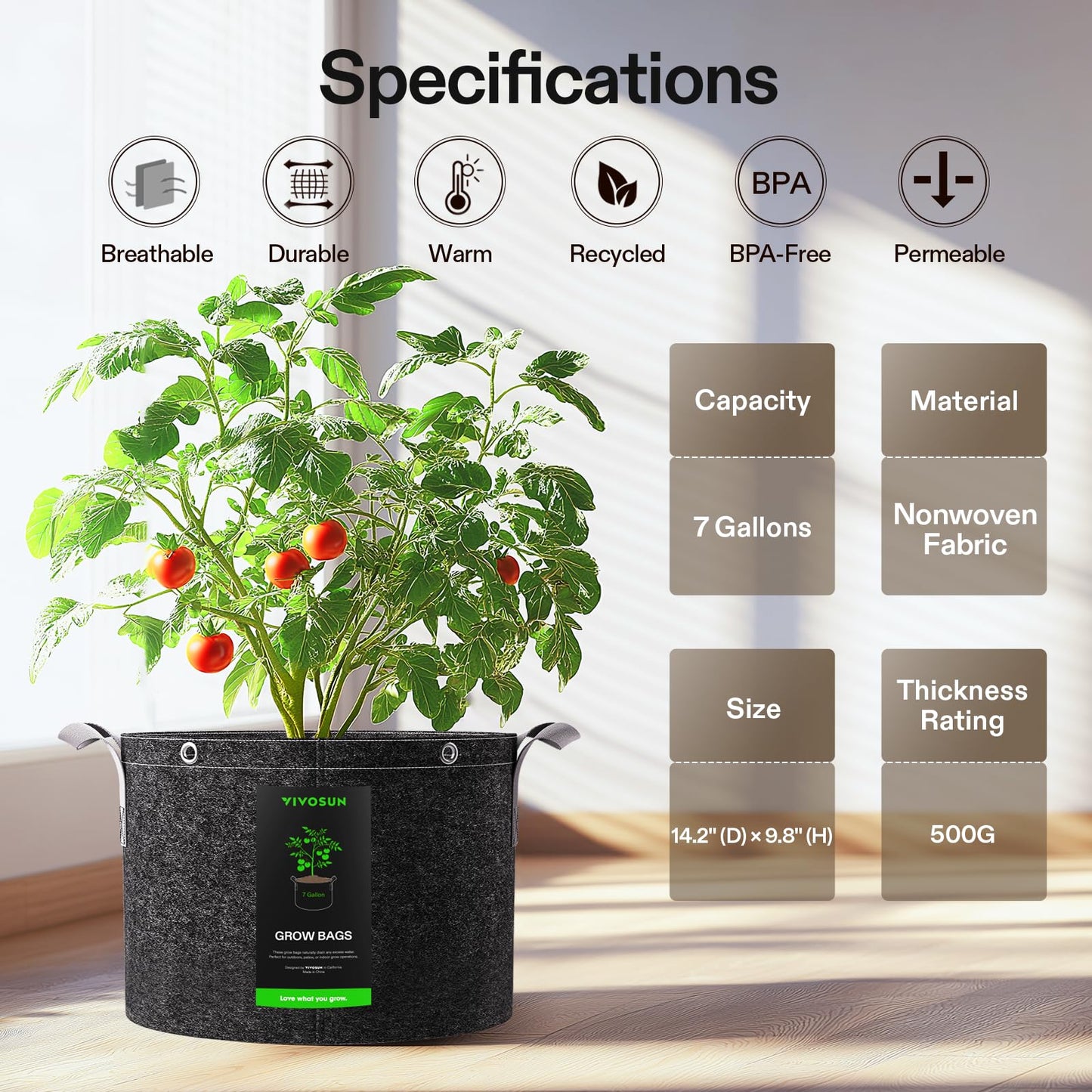 VIVOSUN 5-Pack 15 Gallon Grow Bags, 500G Thick Nonwoven Fabric Pots with Strap Handles, Multi-Purpose Rings, for Low Stress Plant Training Fruits, Vegetables, and Flowers