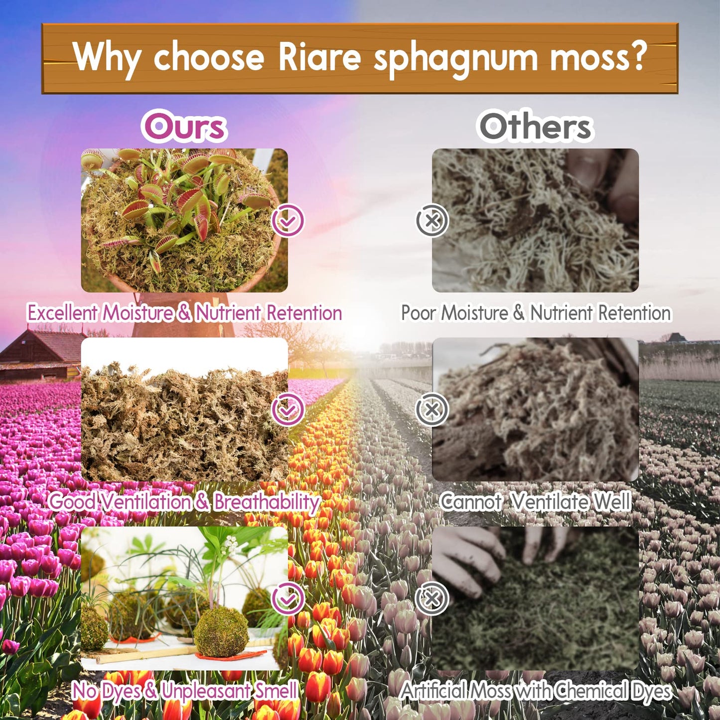 Riare 2.2 LB Premium Sphagnum Moss for Plants- 40QT Natural Long Fibered Sphagnum Peat Moss Plants Moss Dried, Carnivorous Plants Moss Orchid Potting Mix for Orchids, Carnivorous Plants, Succulent