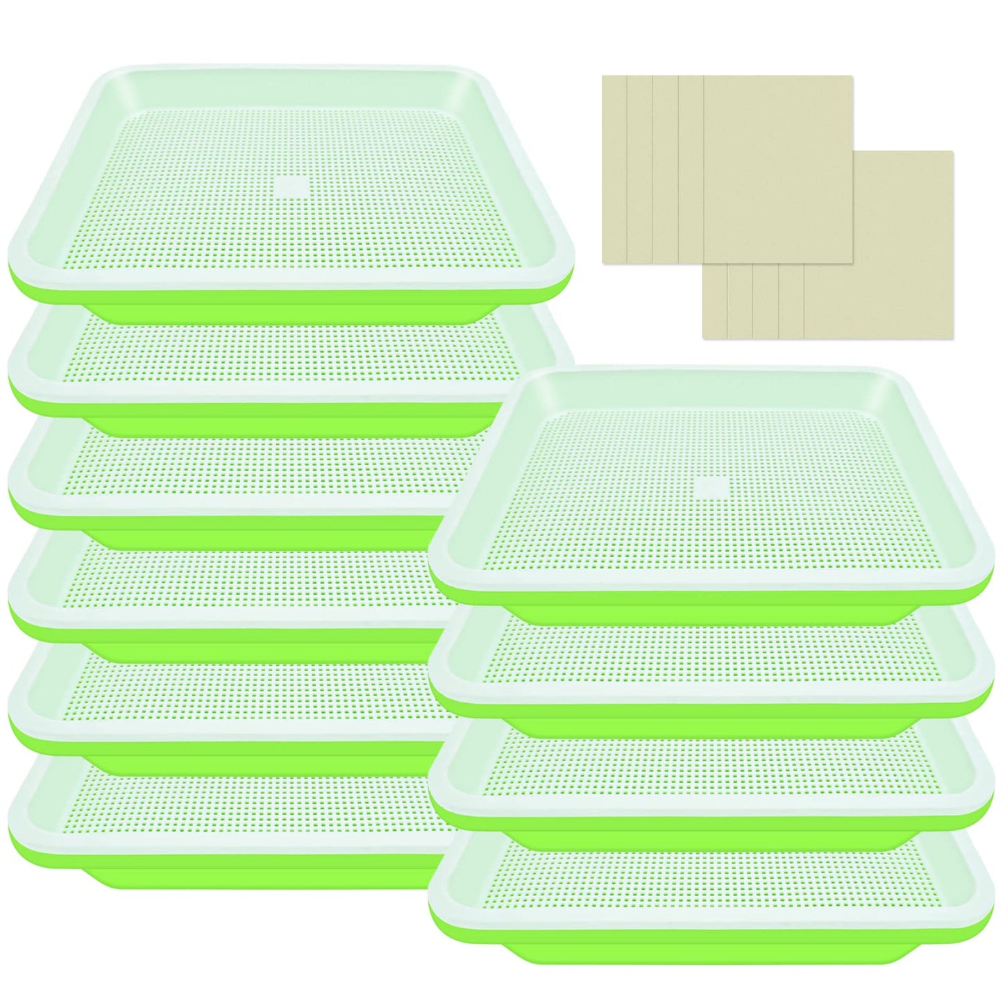 Legigo 10 Pack Green Seed Sprouter Trays- Soil-Free Cultivation Germination Tray, BPA Free Nursery Tray with Planting Paper for Indoors or Outdoors Sprouting Seeds, Grow Grass, Beans (Without Lids)
