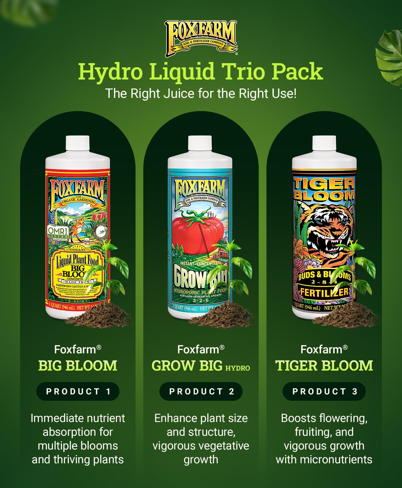 FoxFarm Liquid Nutrient Trio Hydro Formula: Big Bloom, Grow Big Hydro & Tiger Bloom - for Hydroponic Gardening, Green Growth, Buds & Late-Season Flowers, (3-32 oz Bottles)