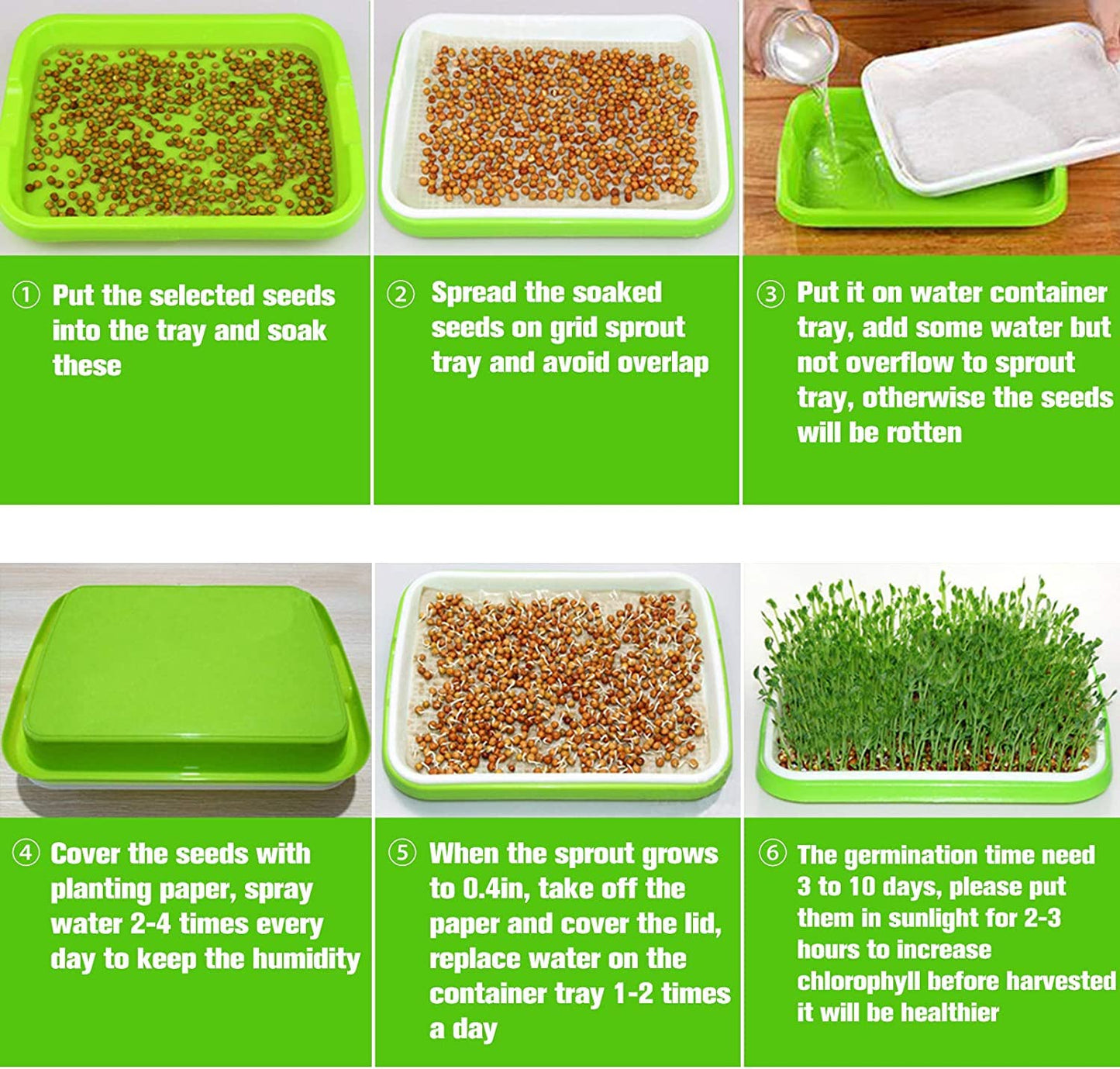 Legigo 10 Pack Green Seed Sprouter Trays- Soil-Free Cultivation Germination Tray, BPA Free Nursery Tray with Planting Paper for Indoors or Outdoors Sprouting Seeds, Grow Grass, Beans (Without Lids)