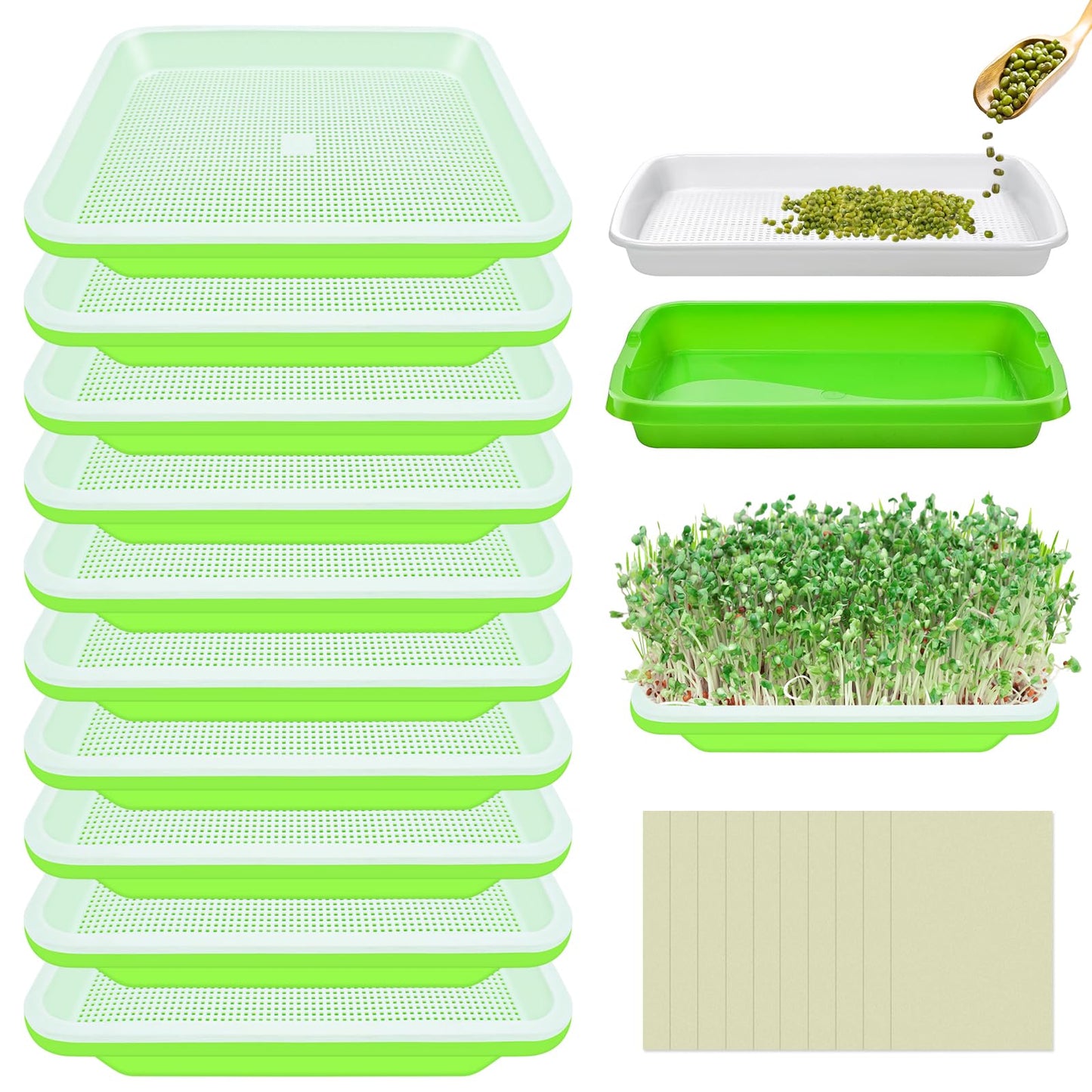 Legigo 10 Pack Green Seed Sprouter Trays- Soil-Free Cultivation Germination Tray, BPA Free Nursery Tray with Planting Paper for Indoors or Outdoors Sprouting Seeds, Grow Grass, Beans (Without Lids)