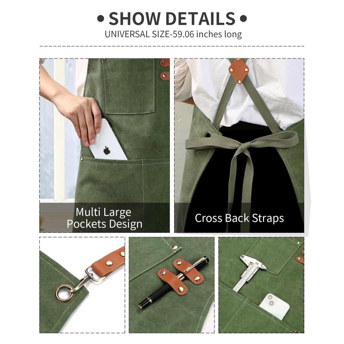 Chef Apron, Cotton Canvas Gardening Apron with Large Pockets for Men and Women,Kitchen Cooking Baking Bib Heavy Duty Adjustable Garden Apron