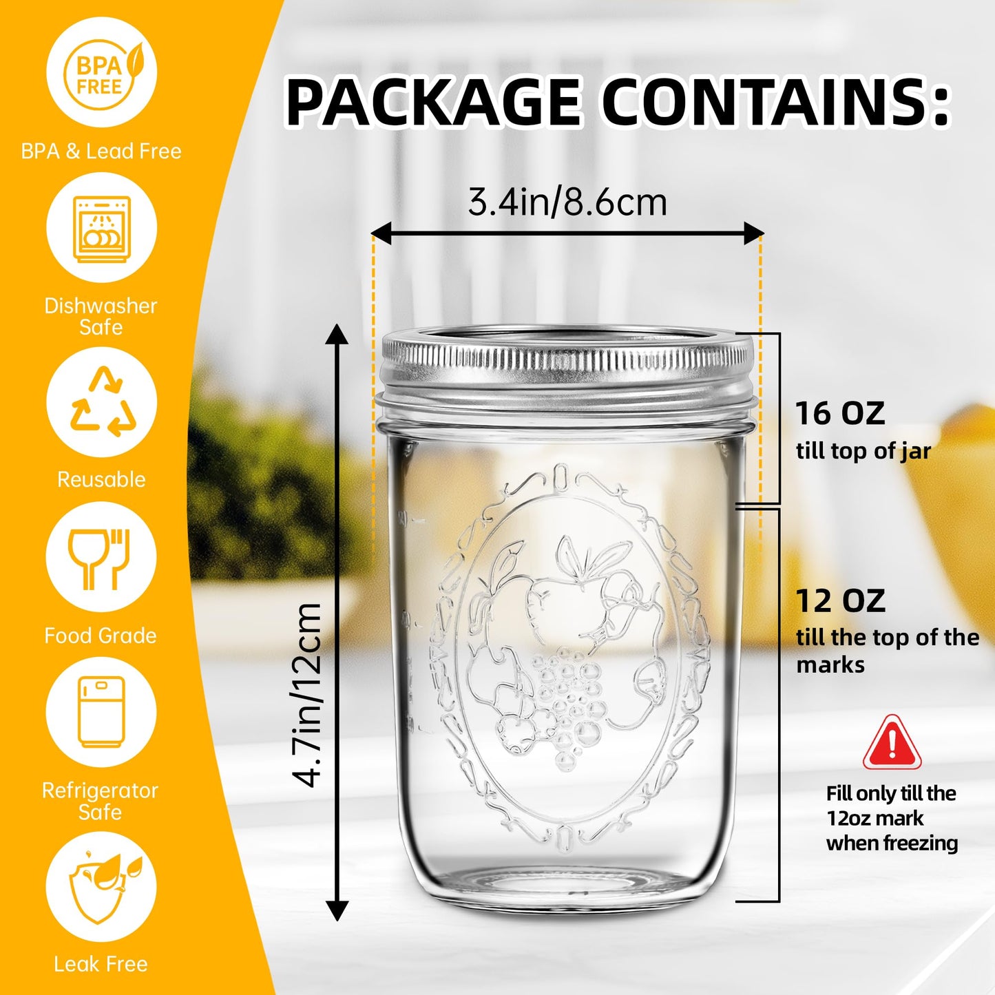 Wide Mouth Mason Jars 16 oz with Lids [6 Pack], Canning Jars with Metal Airtight Lids and Bands, 16 oz Glass Jars for Fermenting, Pickling, Freezing, Preserving, Meal Prep, Jar Décor