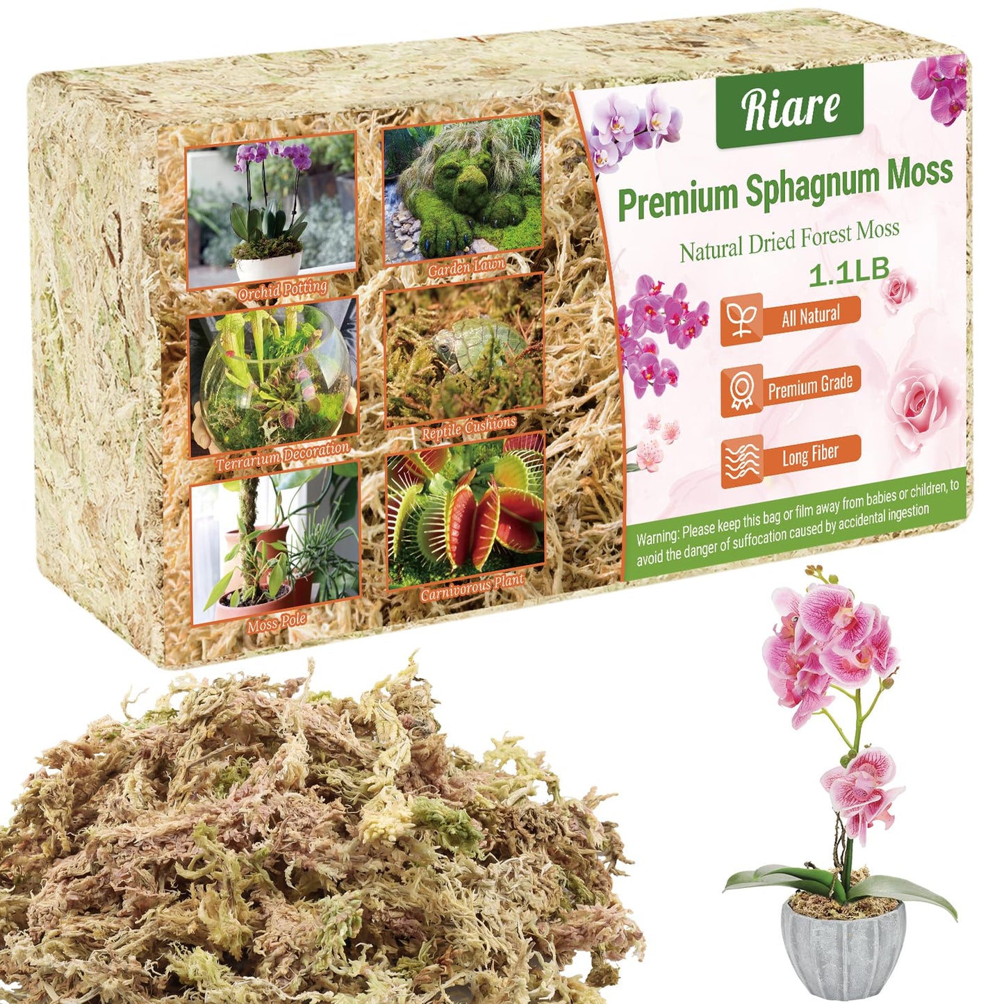 Riare 2.2 LB Premium Sphagnum Moss for Plants- 40QT Natural Long Fibered Sphagnum Peat Moss Plants Moss Dried, Carnivorous Plants Moss Orchid Potting Mix for Orchids, Carnivorous Plants, Succulent
