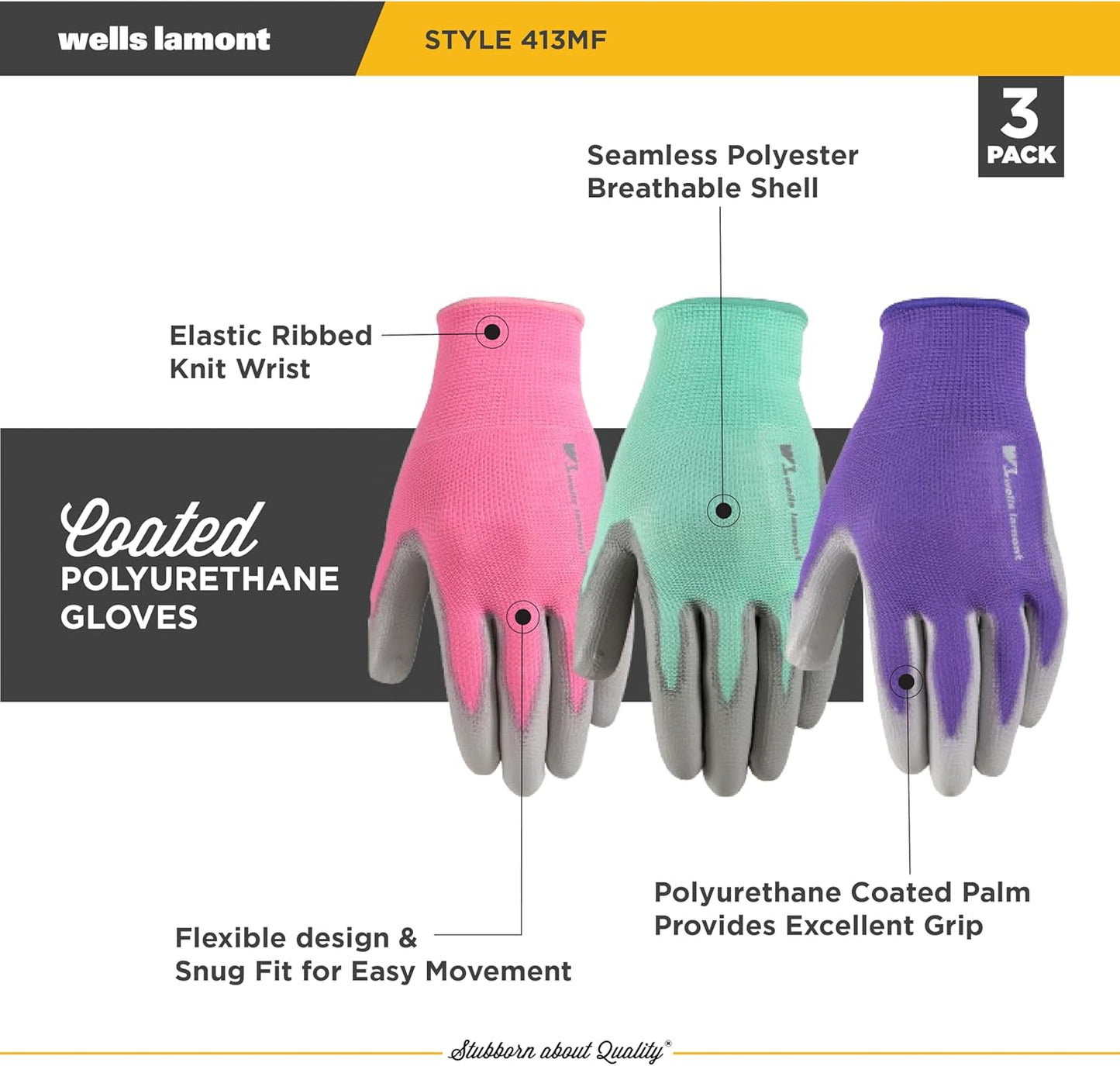 Wells Lamont 3 Pair Pack Women’s Gardening Gloves | PU Coated Grip Work Gloves| Each Pack Includes Pink, Green, Purple | Medium (413MF)