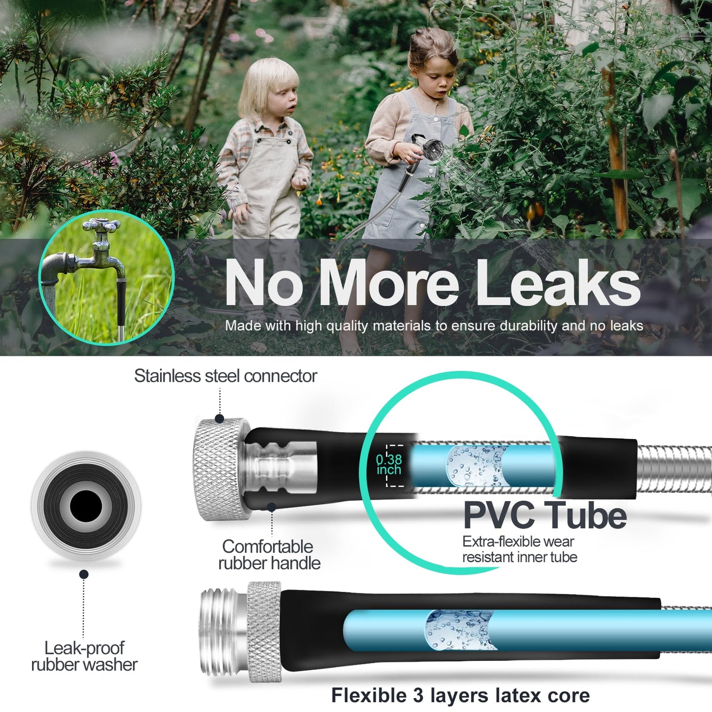 50ft 304 Stainless Steel Garden Hose Metal, Heavy Duty Water Pipe with Nozzles for Yard, Outdoor - Flexible, Never Kink & Tangle, Puncture Resistant (Sliver)